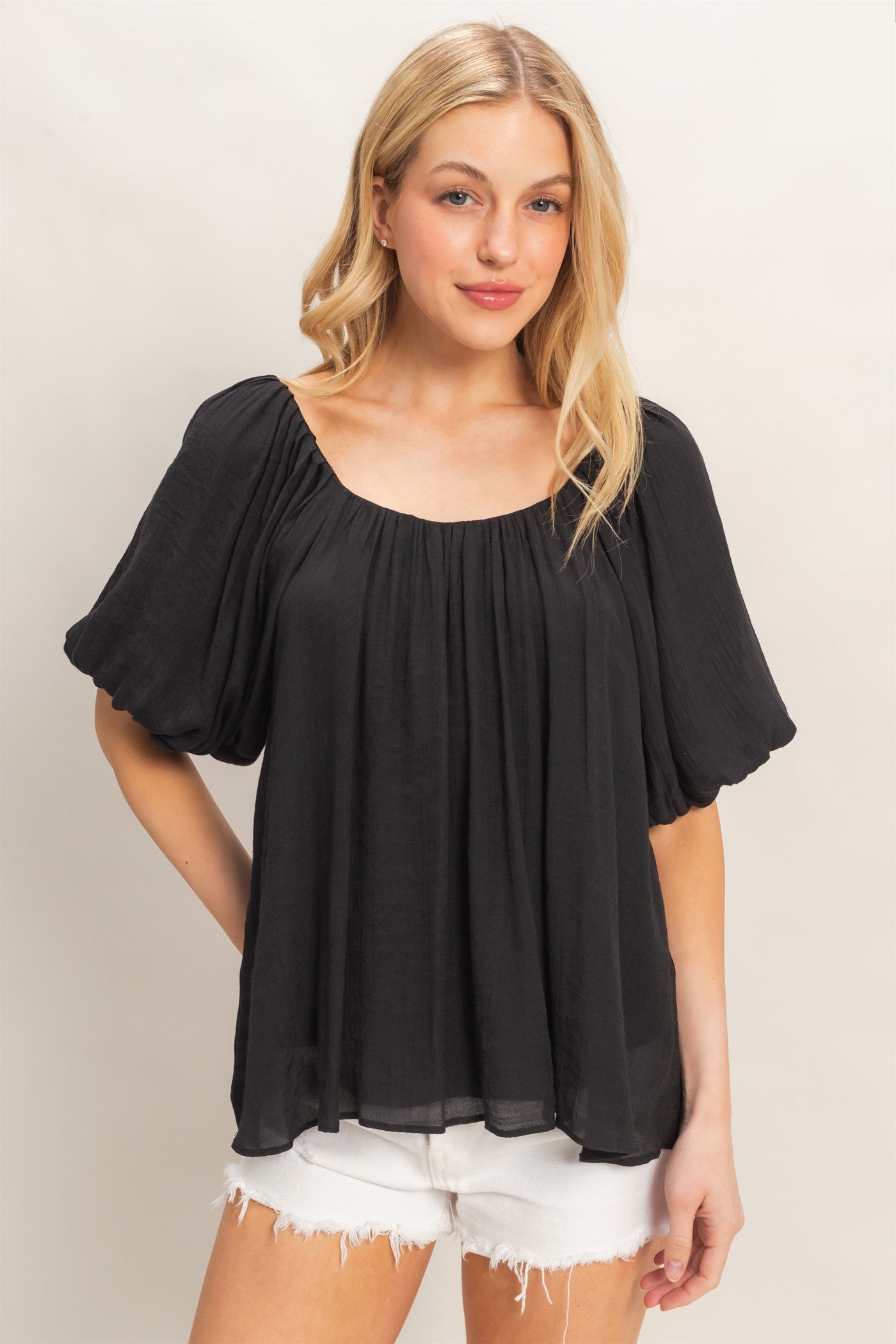 Wholesale Gathered Puff Sleeve Blouse Blouses HF26C307 BLACK HYFVE