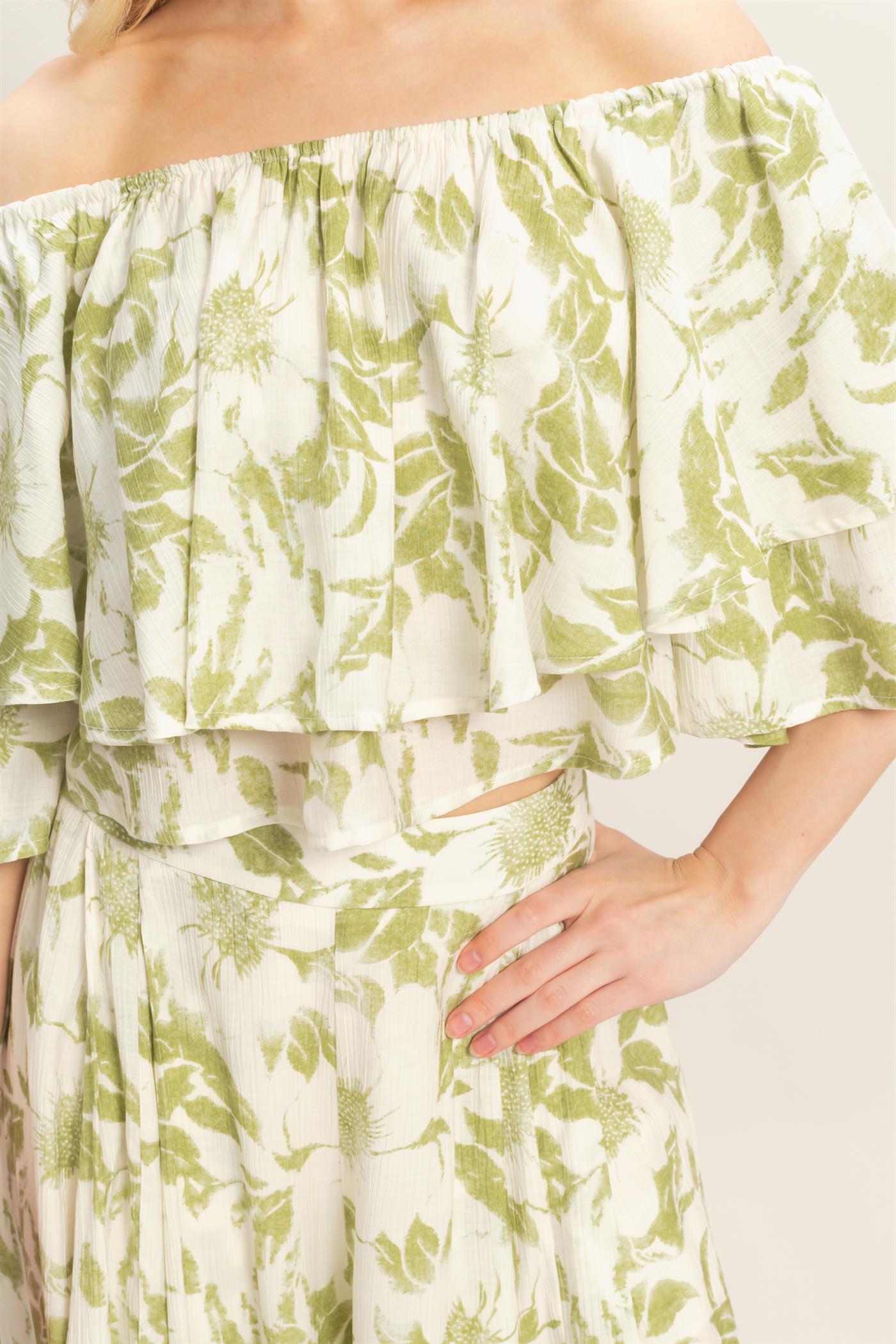 Wholesale Floral Off-Shoulder Top & Pants Set Clothing Tops HF26C832-SET LIGHT OLIVE HYFVE