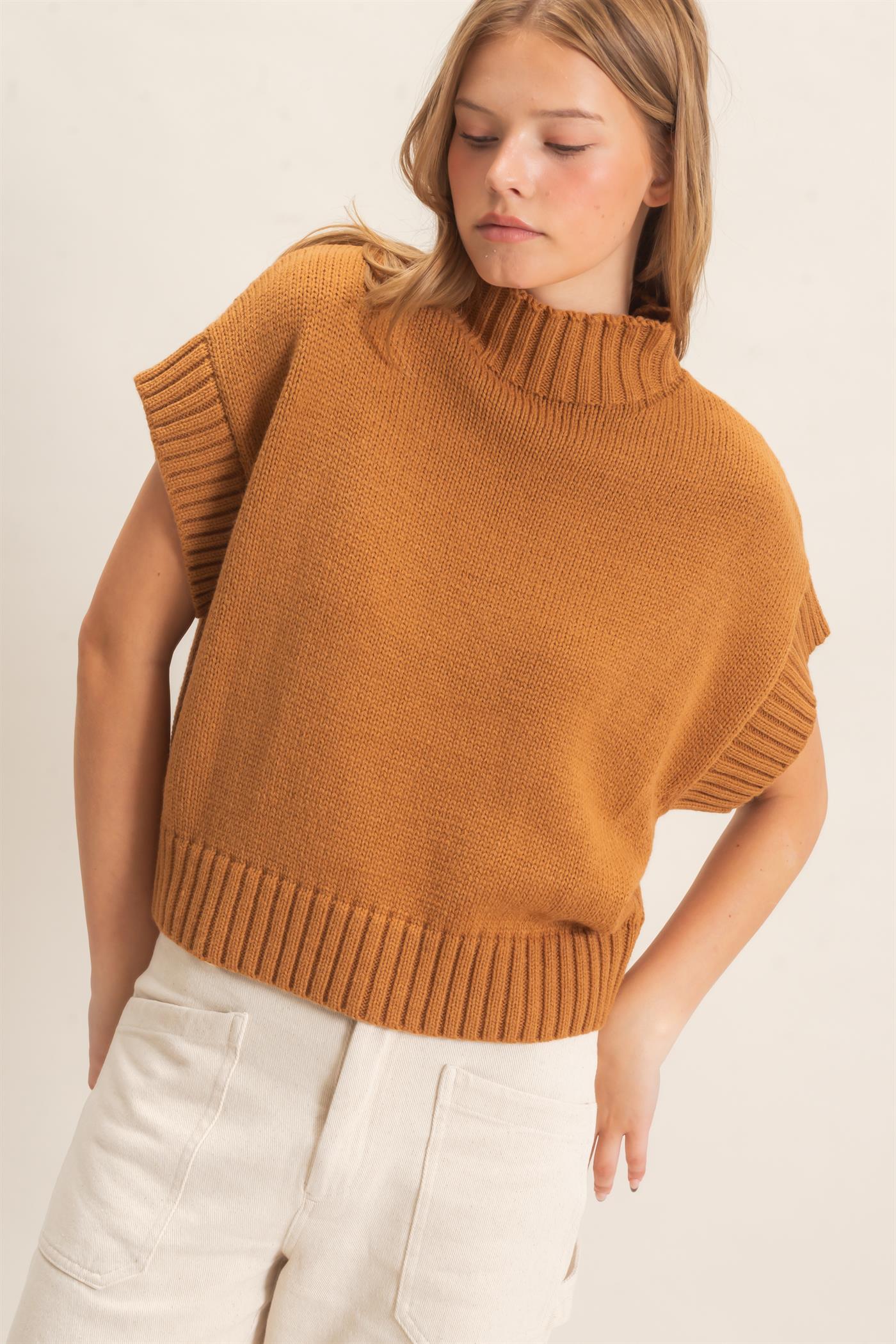 Wholesale Ribbed Mock Neck Sweater Vest Sweaters HF26F186-D BROWN HYFVE