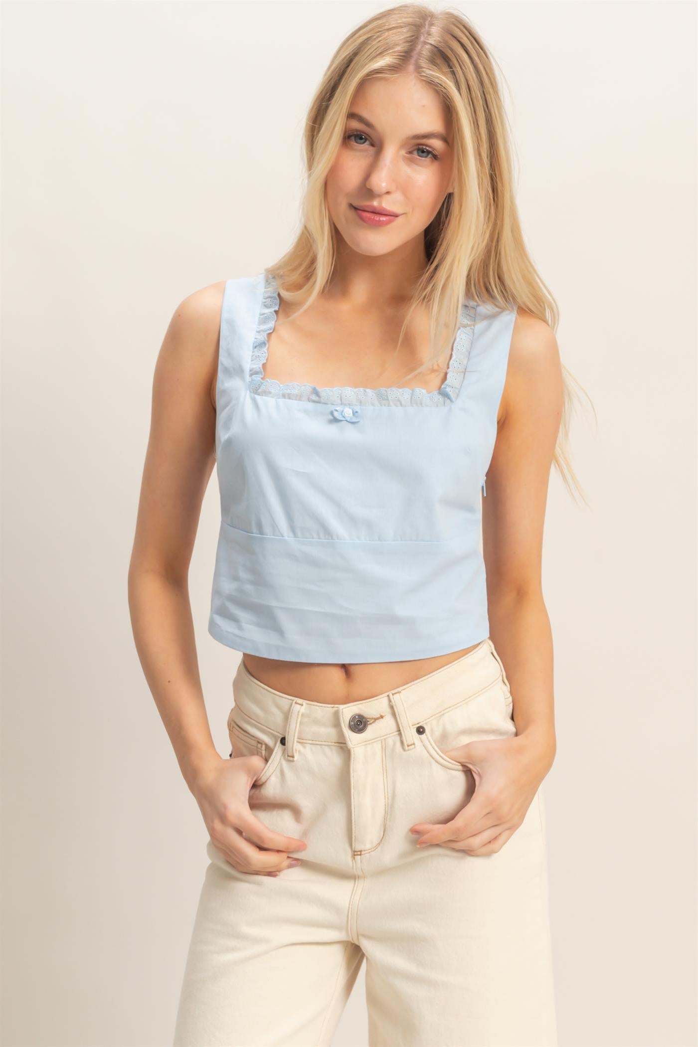 Wholesale Lace Square Neck Tank Clothing Tops HF26A008 L.BLUE HYFVE