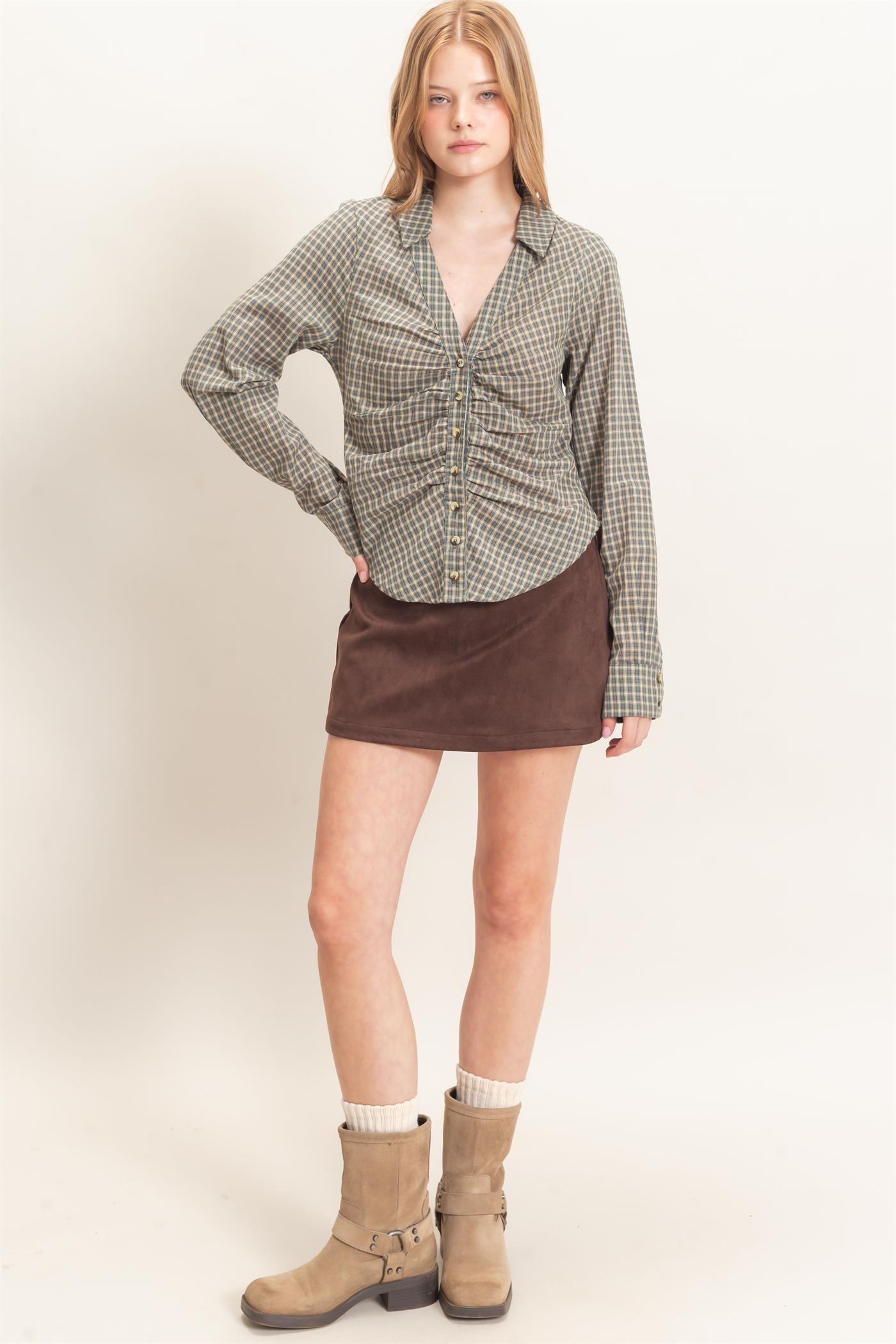 Wholesale Ruched Button-Down Shirt Blouses HF26E348 TEAL BLUE HYFVE