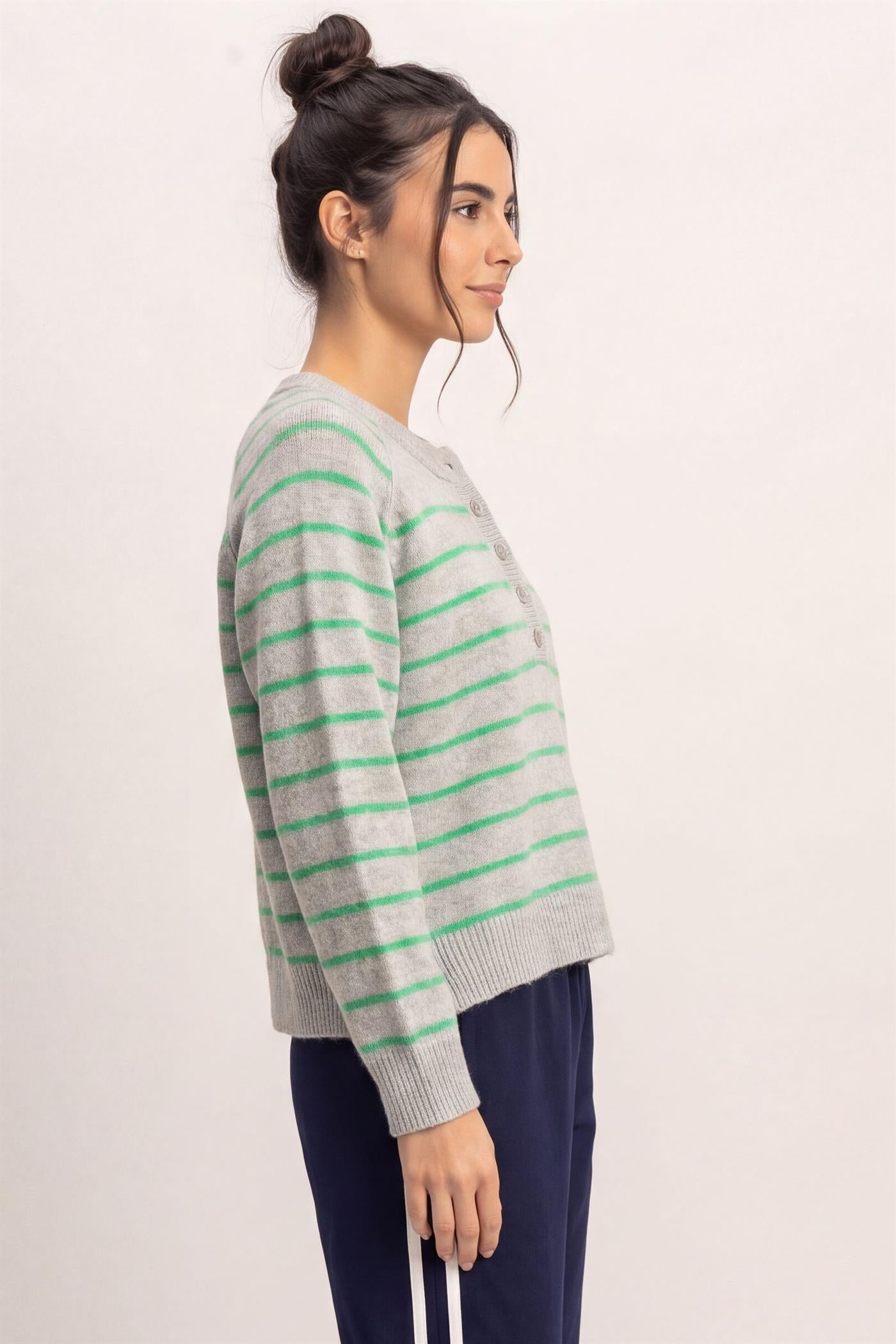 Wholesale Stripe Henley Sweater Sweaters DZ26F002 HEATHER GRAY DOUBLE ZERO