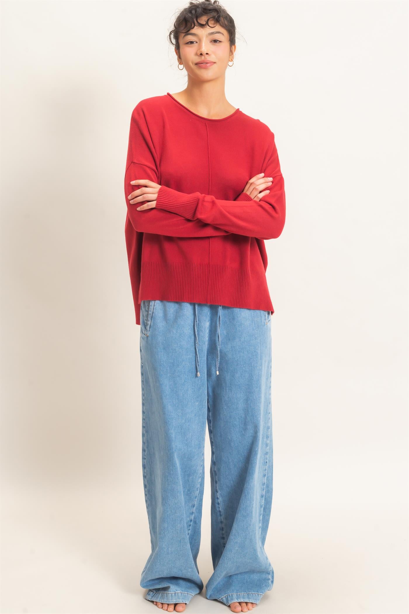 Wholesale Roll Neck Seam Detail Sweater Sweaters DZ26C975 DARK RED DOUBLE ZERO