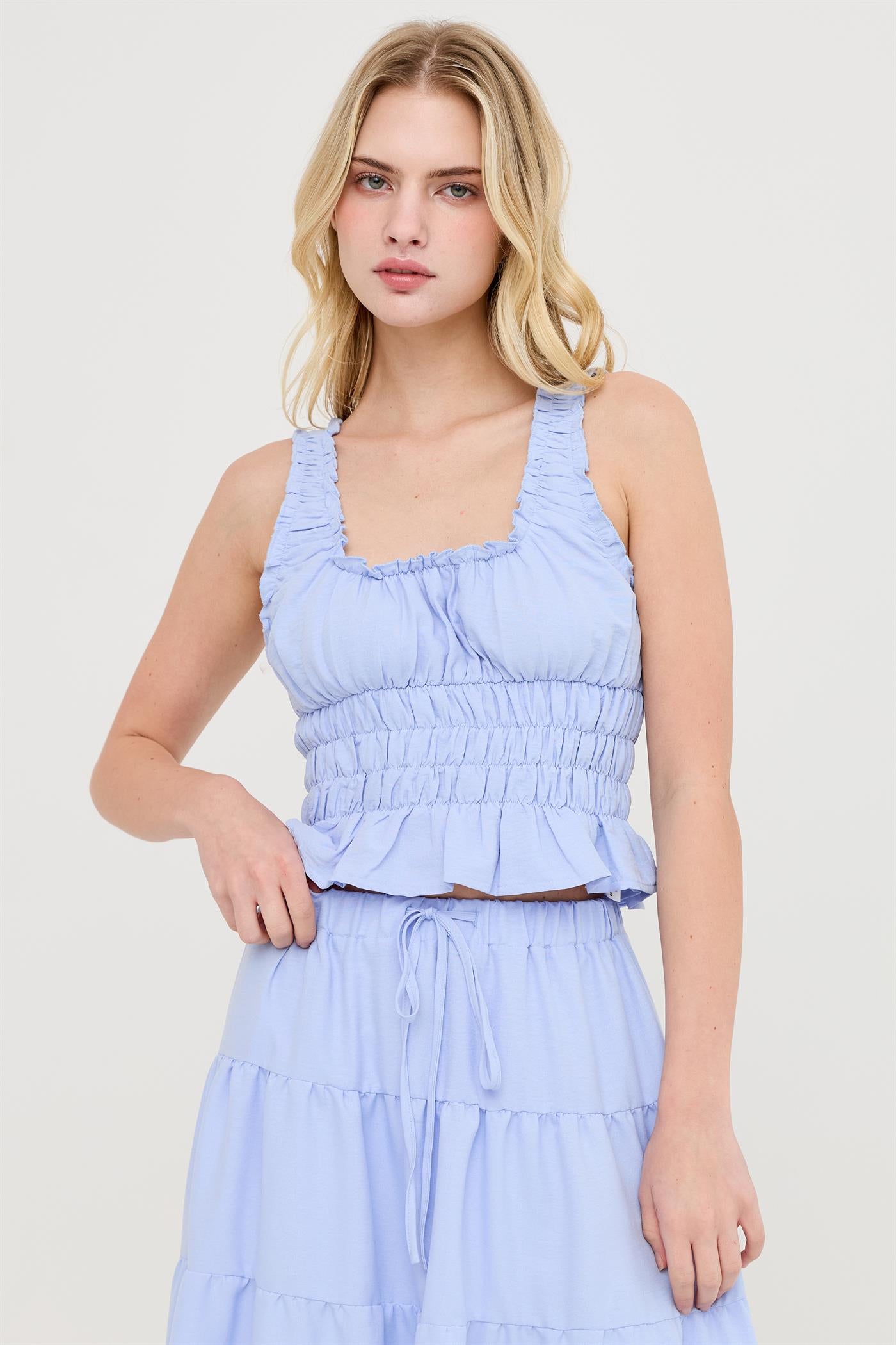 Wholesale Ruched Square Neck Smocked Top Clothing Tops HF26E388-D BLUE HYFVE