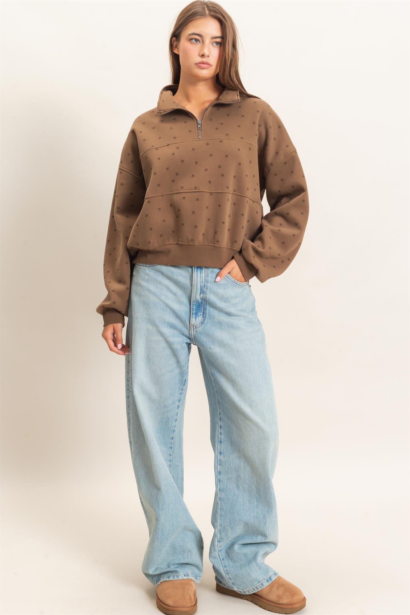 Wholesale Star Print Half Zip Sweatshirt Sweatshirts DZ26E245 MOCHA DOUBLE ZERO