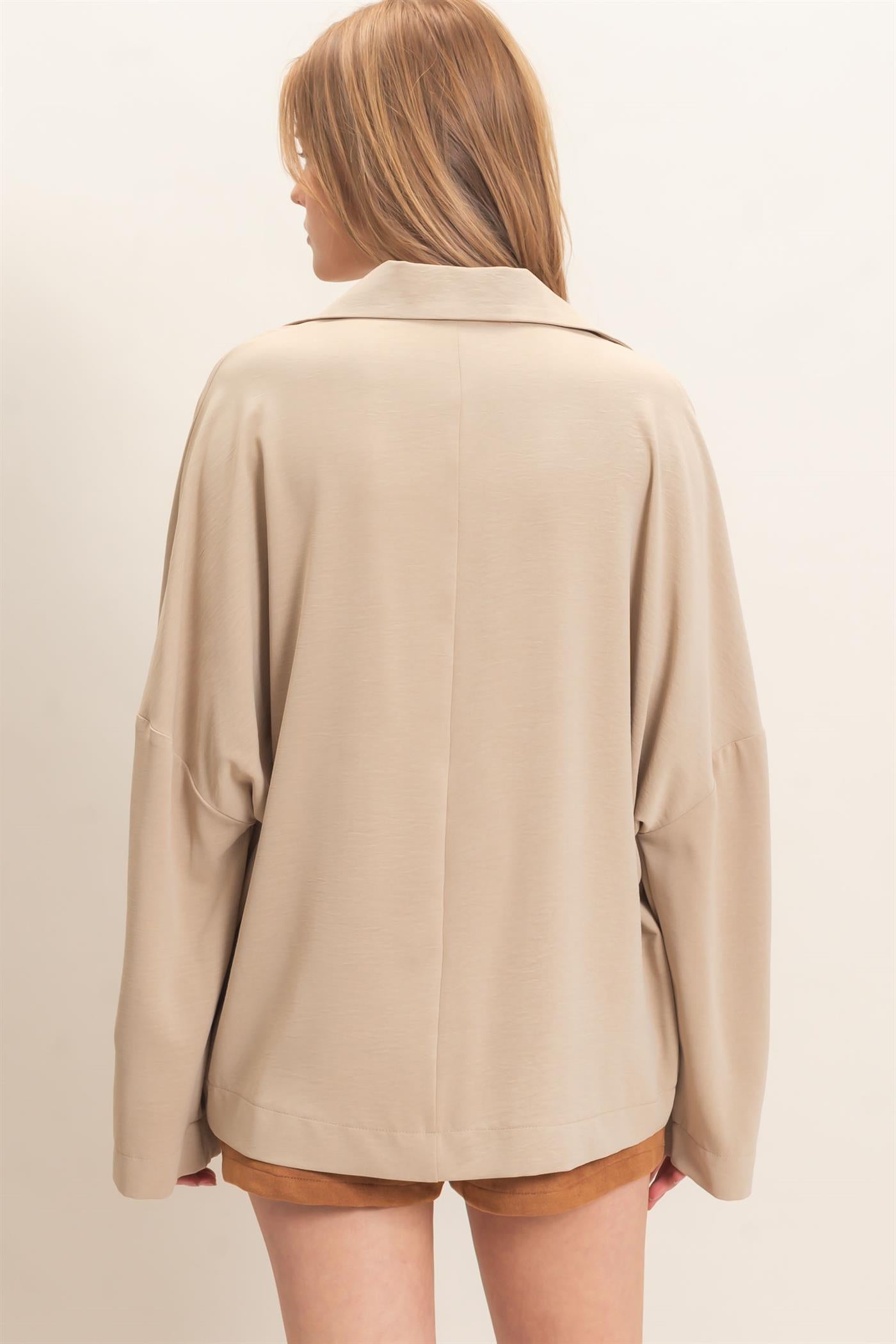 Wholesale Buttoned Collar Split Sleeve Top Clothing Tops HF26F071 BEIGE HYFVE