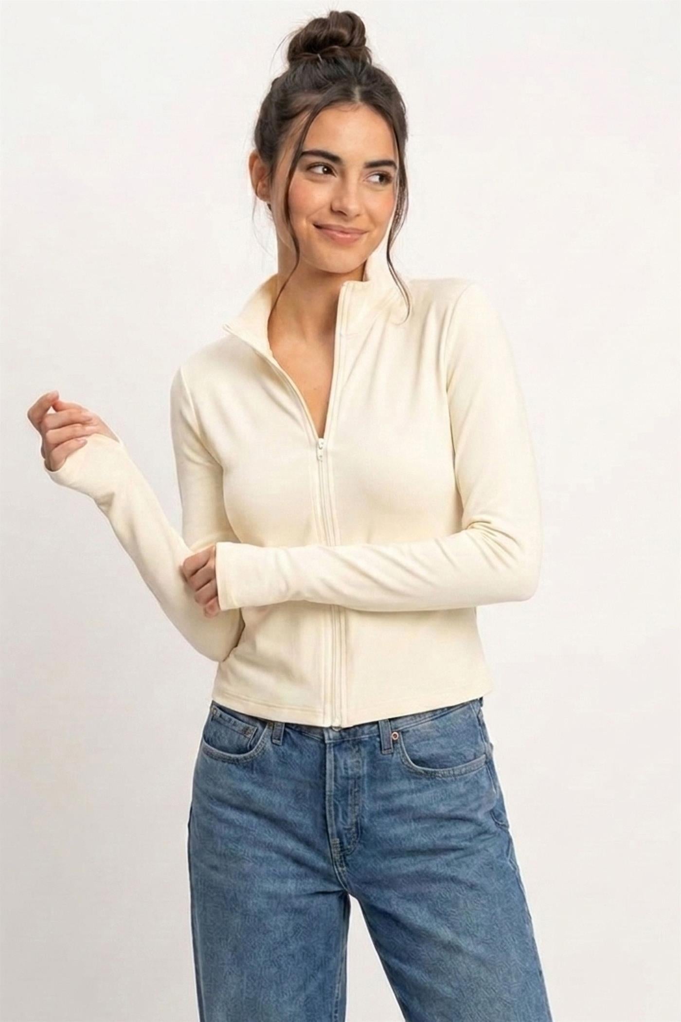 Wholesale Mock Neck Long Sleeve Zip Up Top Clothing Tops DZ26E911 CREAM DOUBLE ZERO