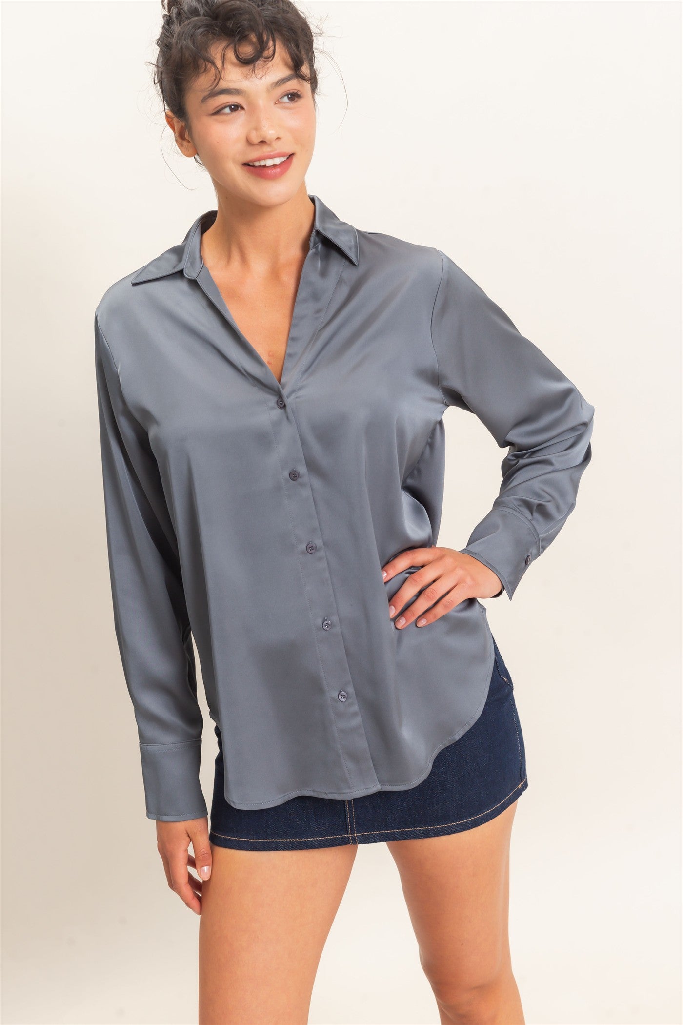 Wholesale Satin Button-Down Shirts Shirts DZ26E265 DARK GRAY DOUBLE ZERO