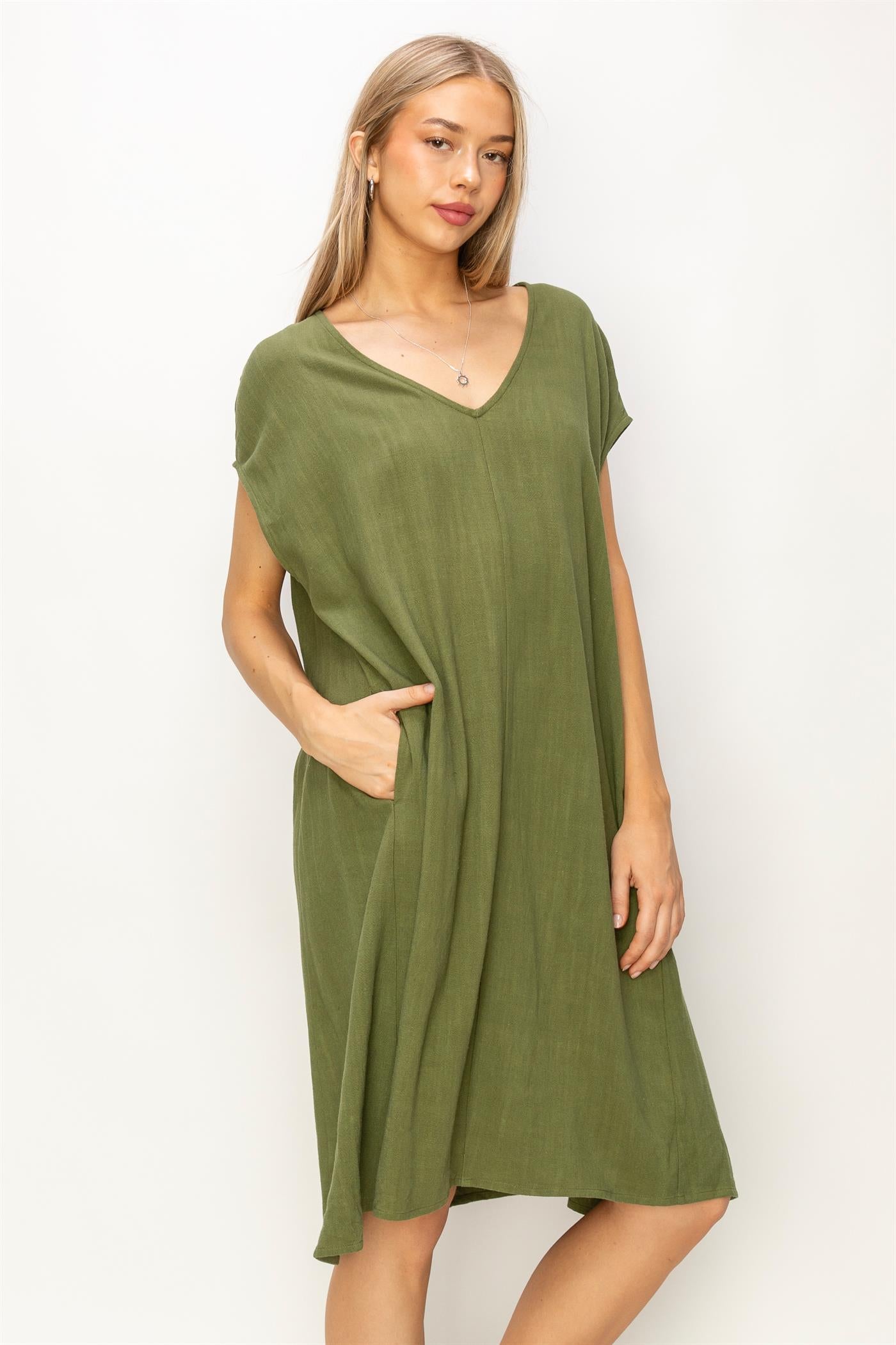 Wholesale V-Neck Oversized Linen Midi Dress Dresses DZ23E033-D MOSS DOUBLE ZERO