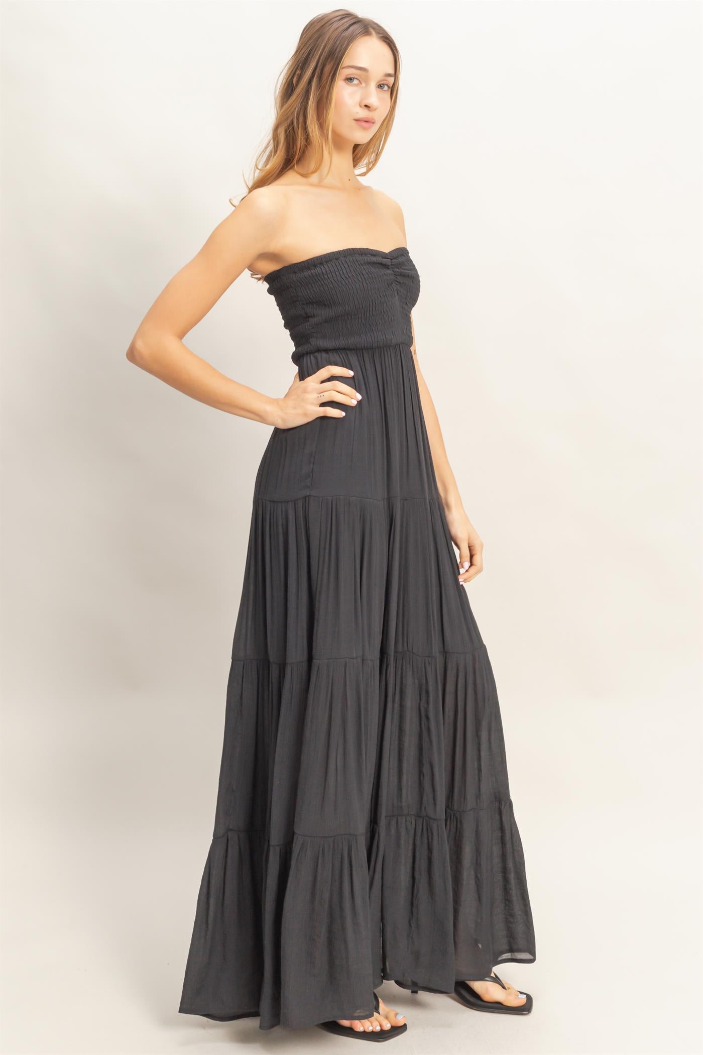 Wholesale Smocked Elastic Neck Maxi Dress Dresses HF26C284-D BLACK HYFVE