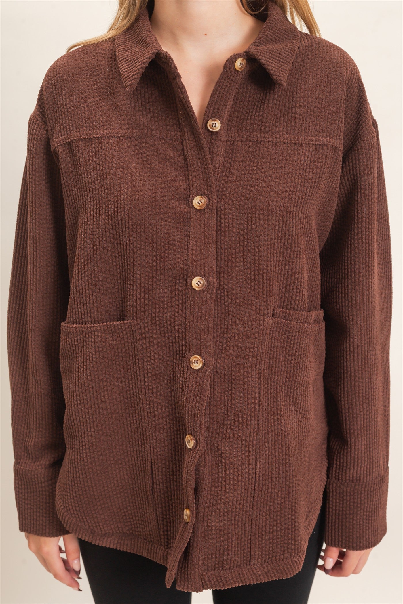 Wholesale Corduroy Button-Up Shirt Outerwear HF26F163 CHOCOLATE HYFVE