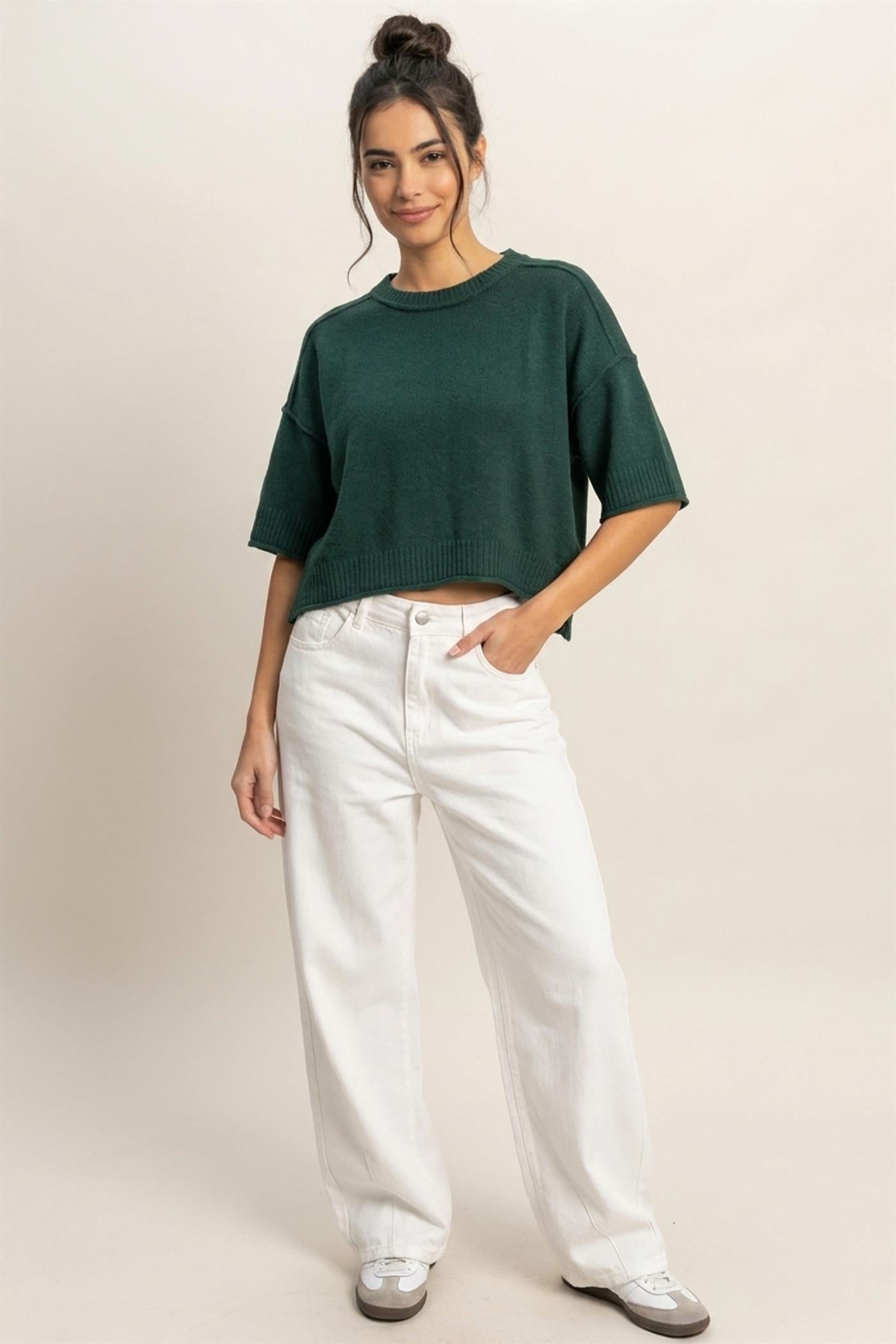 Wholesale Seam Detail Short Sleeve Knit Top Clothing Tops DZ26A827 DARK GREEN DOUBLE ZERO