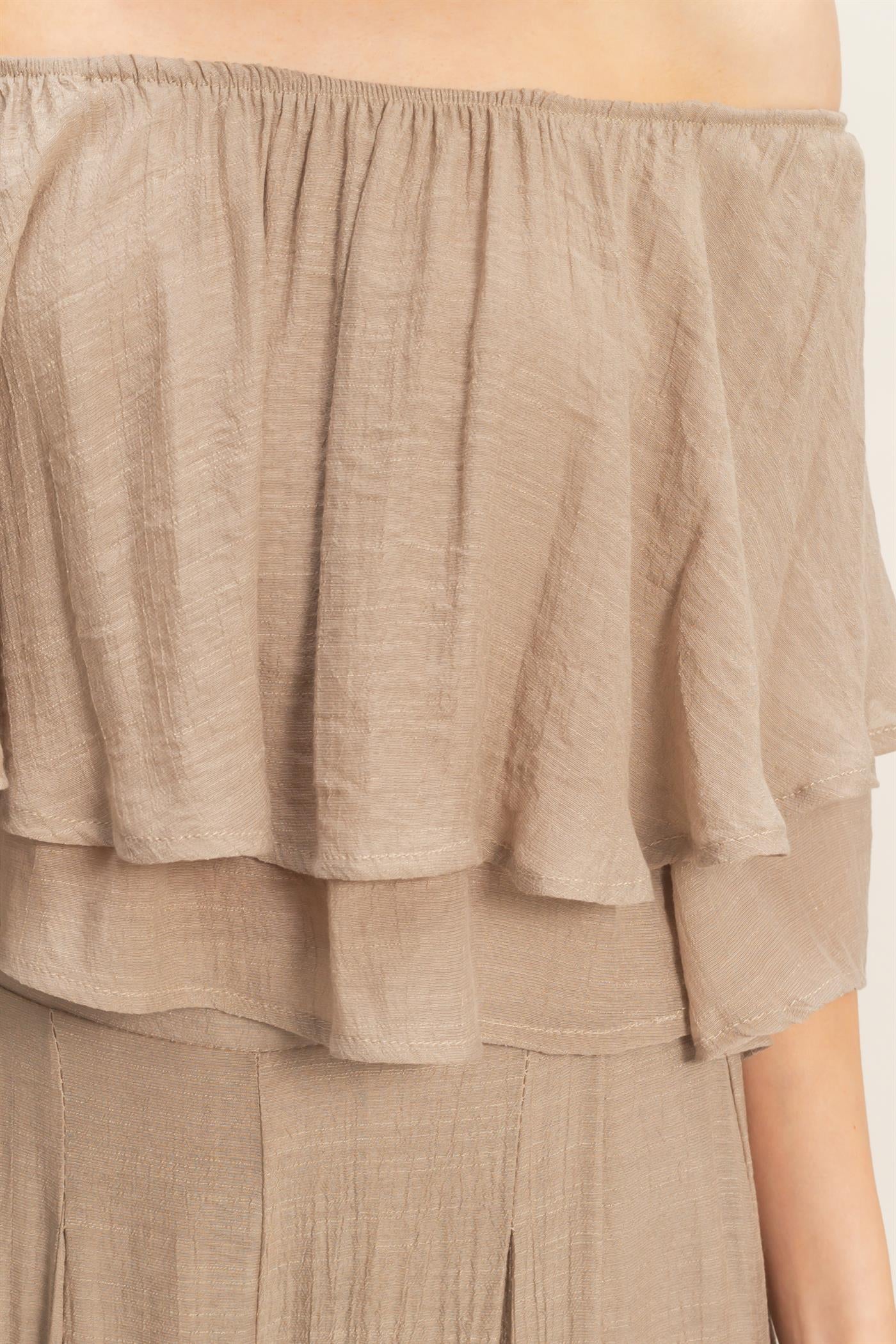 Wholesale Off Shoulder Top & Pleated Pant Set Clothing HF26C291-SET-D LIGHT MOCHA HYFVE