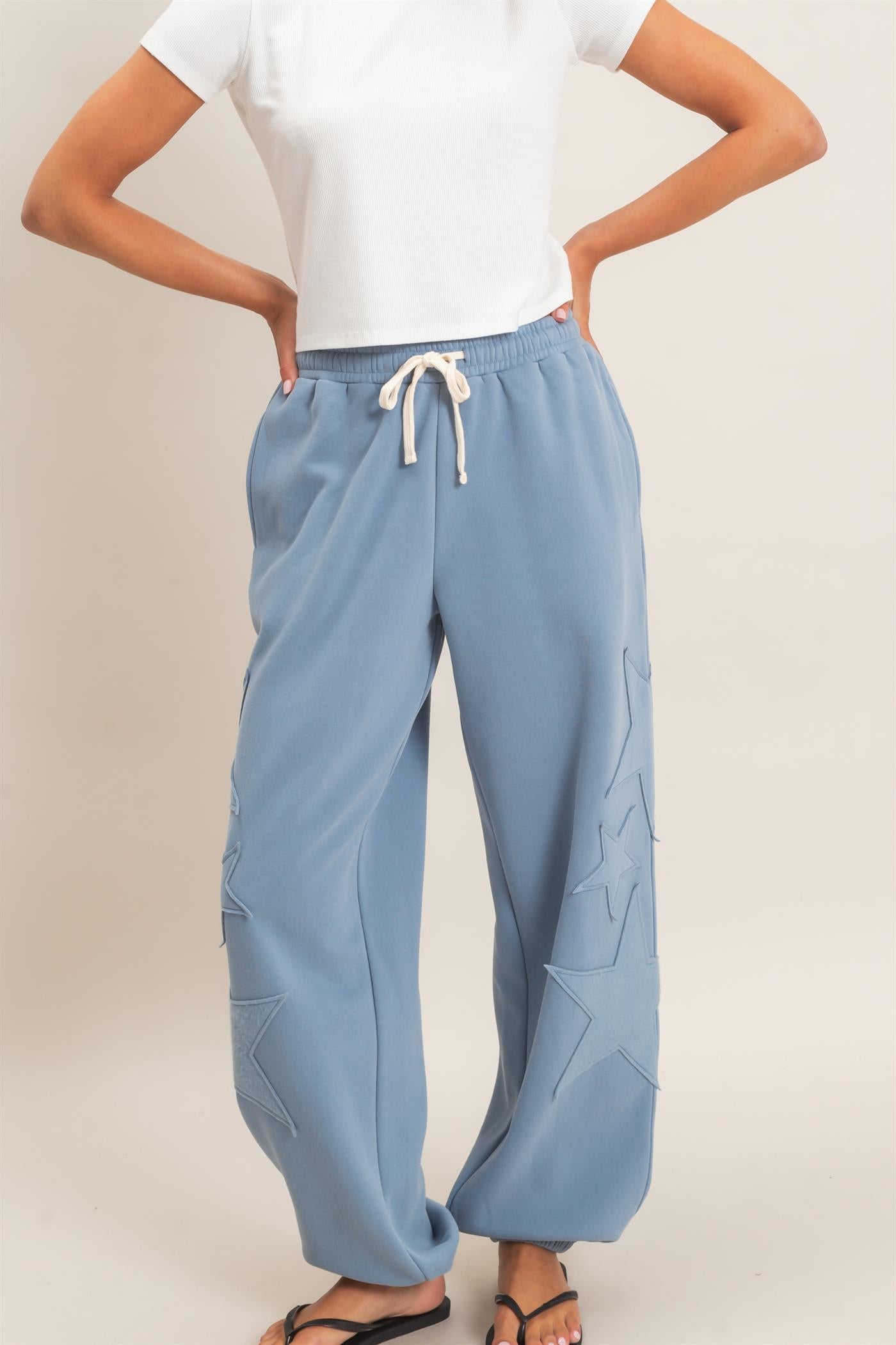 Wholesale Star Patch Jogger Pants Joggers DZ26E889 DUSTY BLUE DOUBLE ZERO