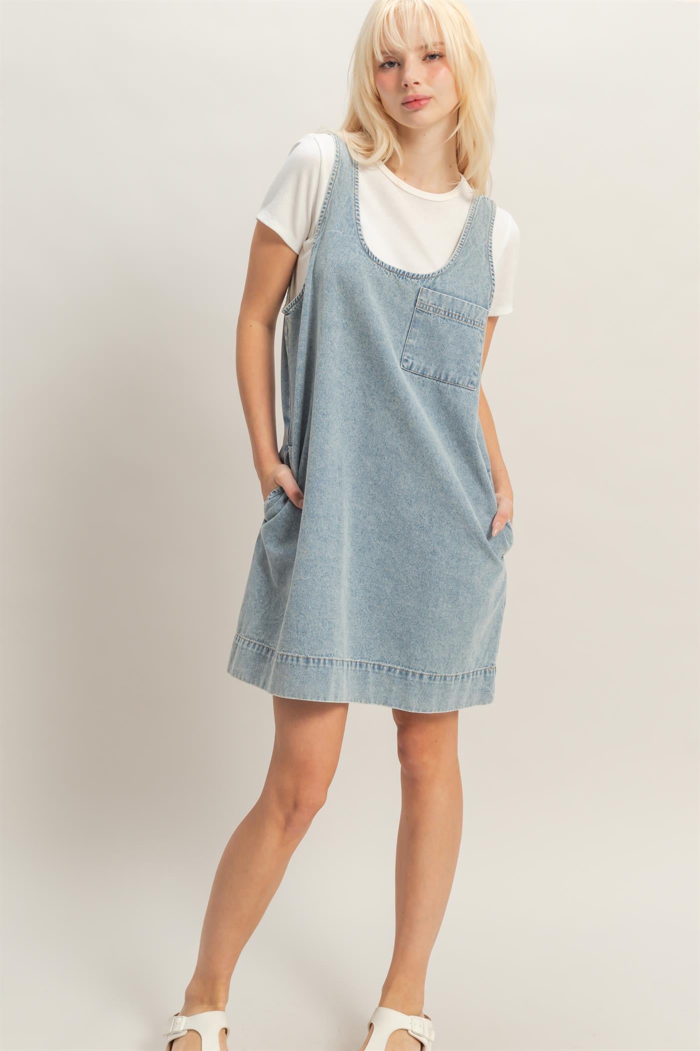 Wholesale Sleeveless Denim Shift Dress Dresses DZ26C204 LIGHT BLUE DOUBLE ZERO