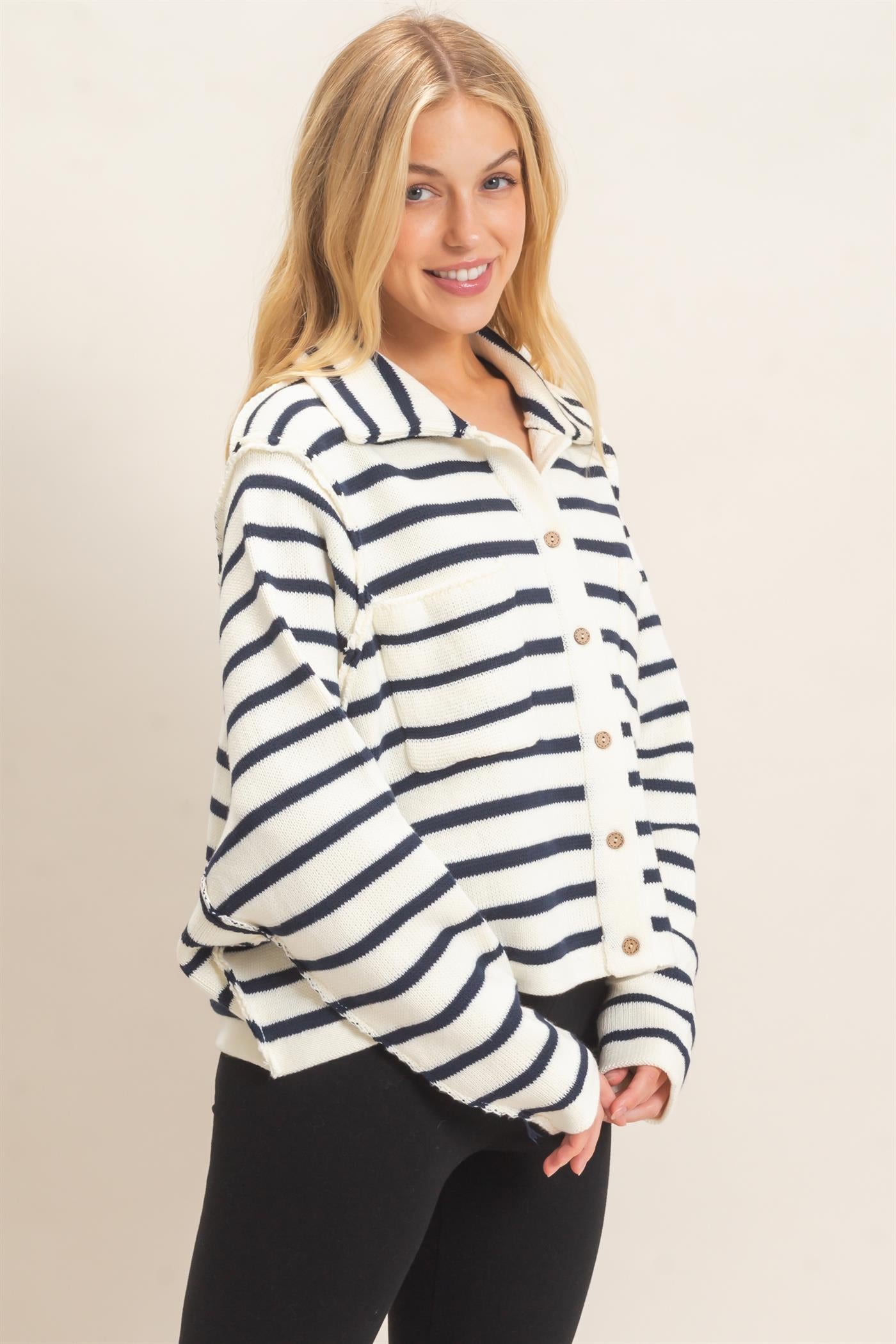 Wholesale Striped Button Front Cardigan Sweaters HF26F197 CREAM HYFVE