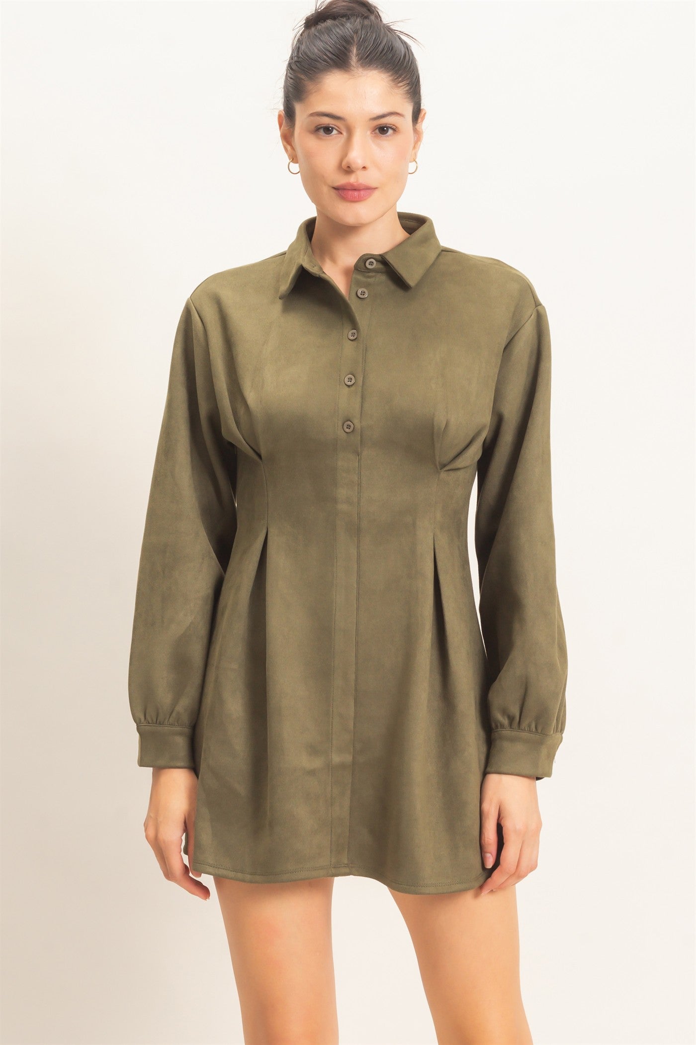 Wholesale Faux Suede Long Sleeve Shirtdress Dresses HF26F063 OLIVE HYFVE