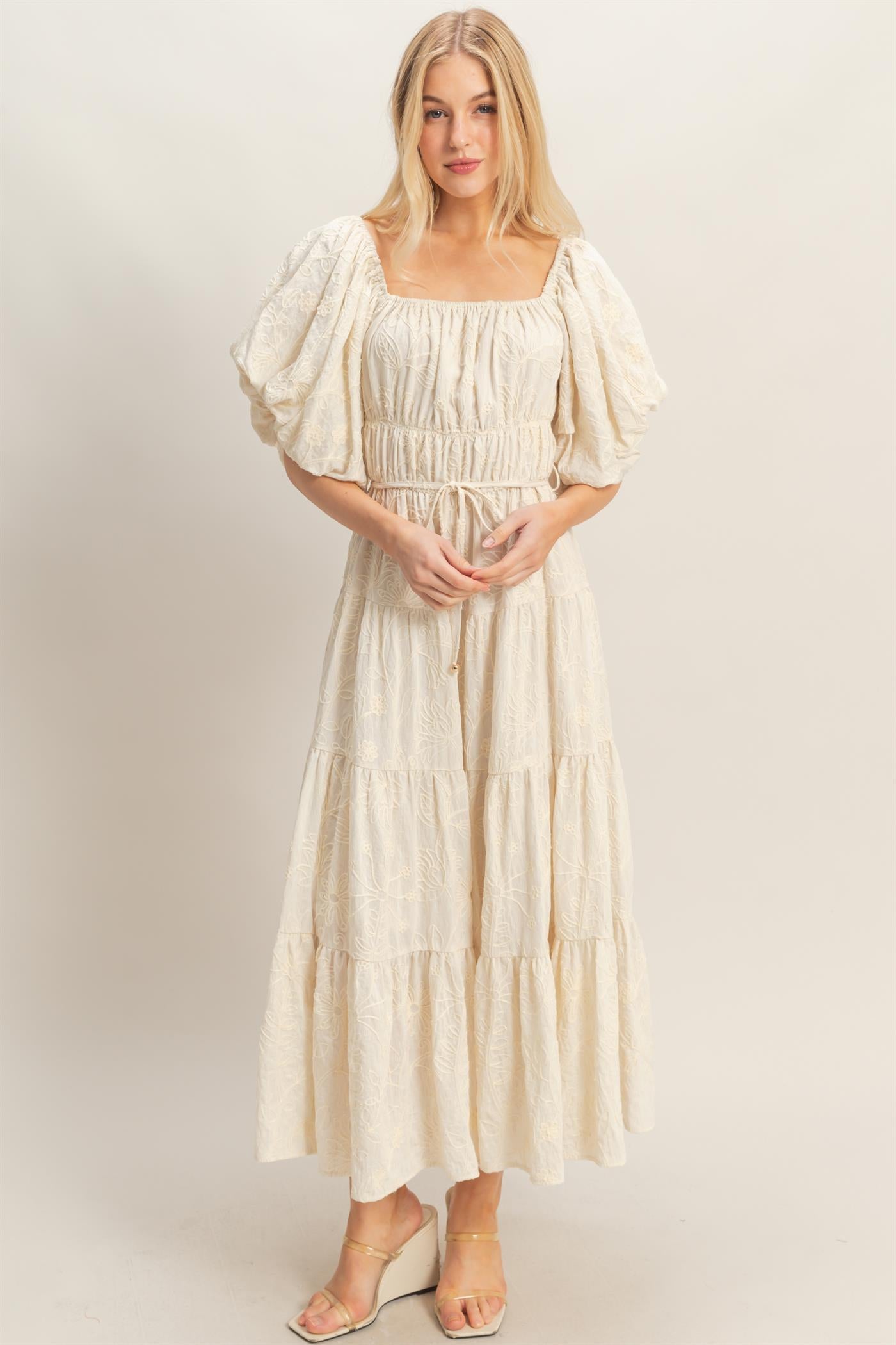 Wholesale Floral Puff Sleeve Midi Dress Dresses HF26C777-D CREAM HYFVE