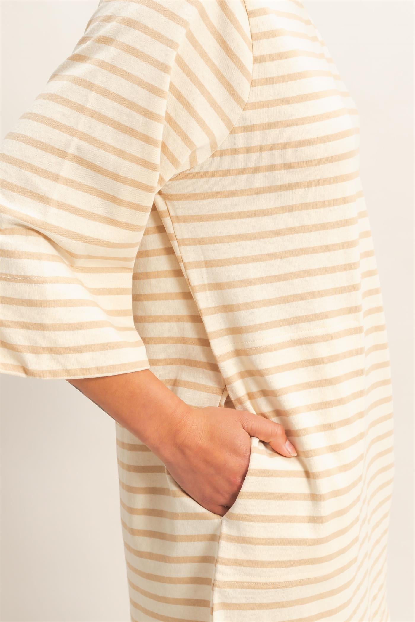 Wholesale Striped Round Neck Half-Sleeve Mini Dress Dresses DZ26A460 TAUPE DOUBLE ZERO