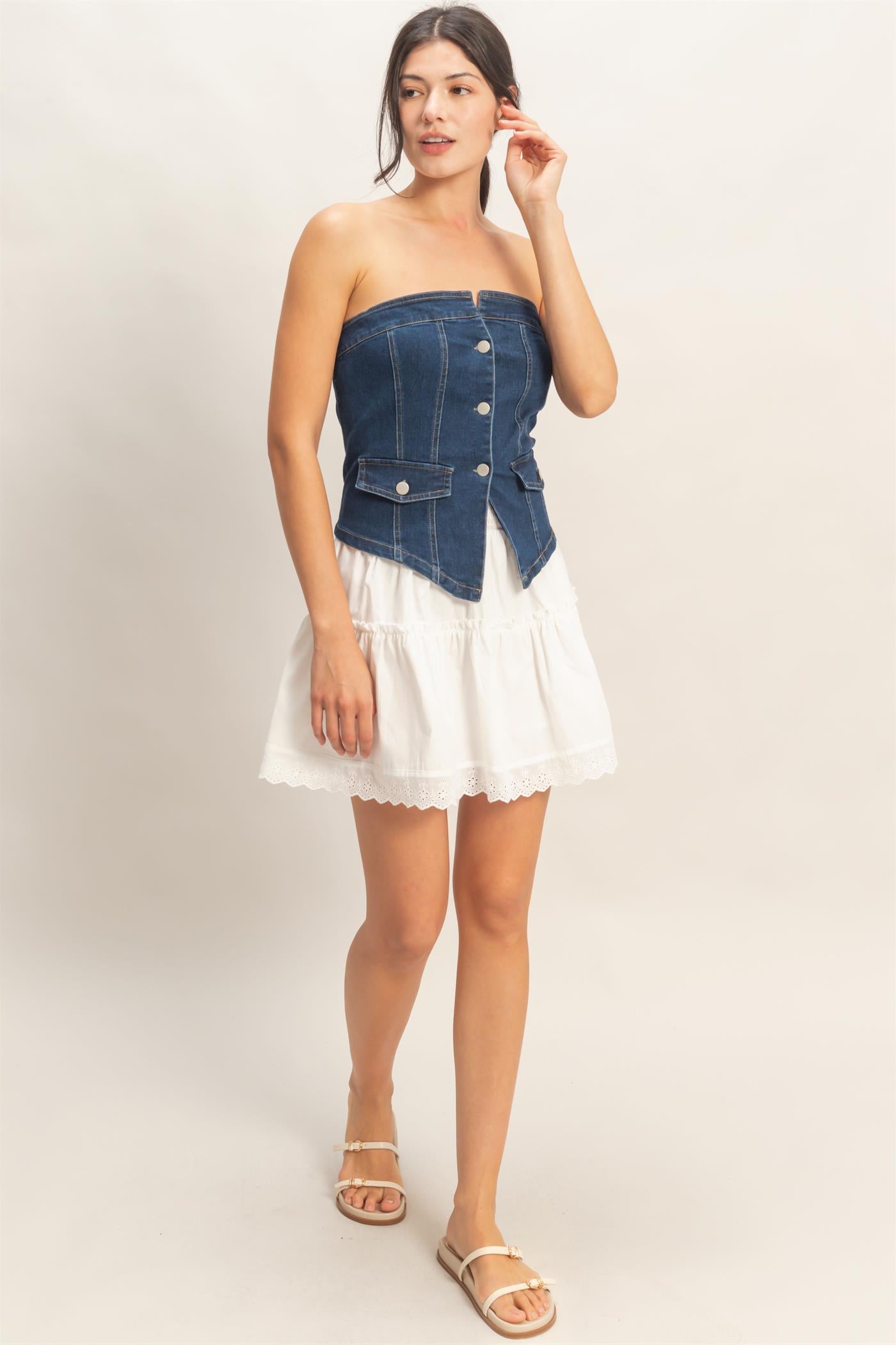 Wholesale Strapless Button-Up Denim Top Clothing Tops HF26A410 D.DENIM HYFVE