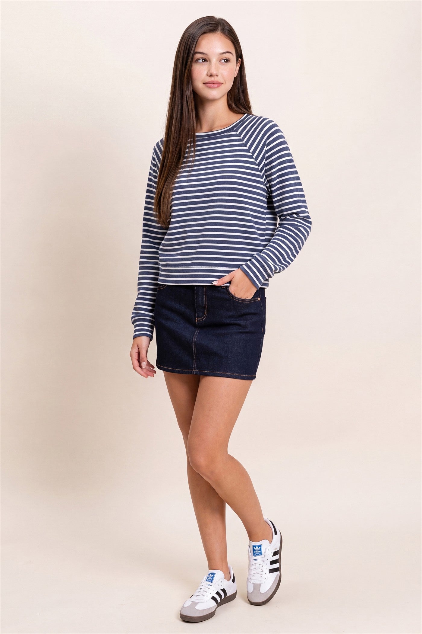 Wholesale Striped Waffle Knit Raglan Top Clothing Tops DZ26E450 NAVY DOUBLE ZERO