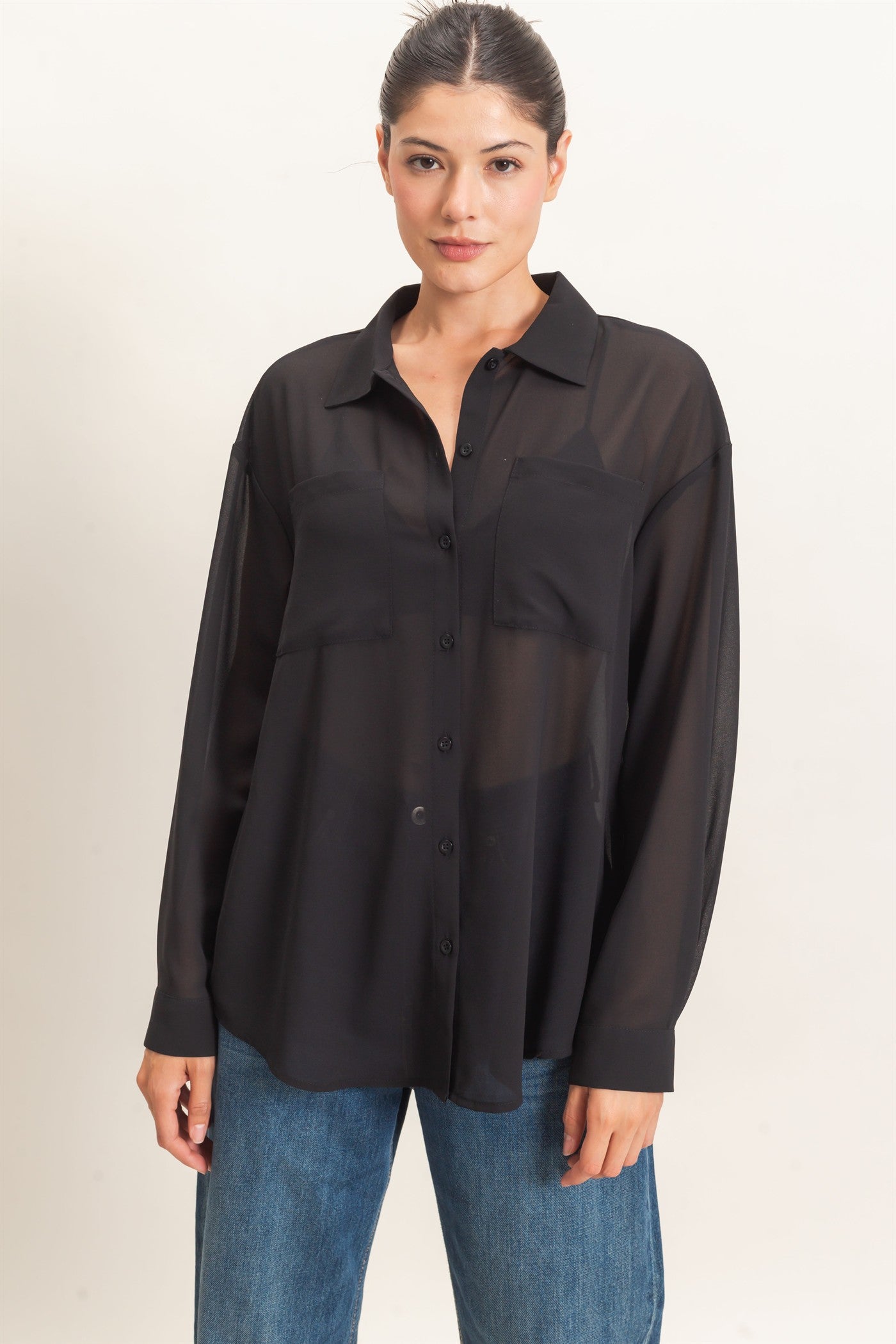 Wholesale Button-Down Collar Blouse Shirts HF26F067 BLACK HYFVE