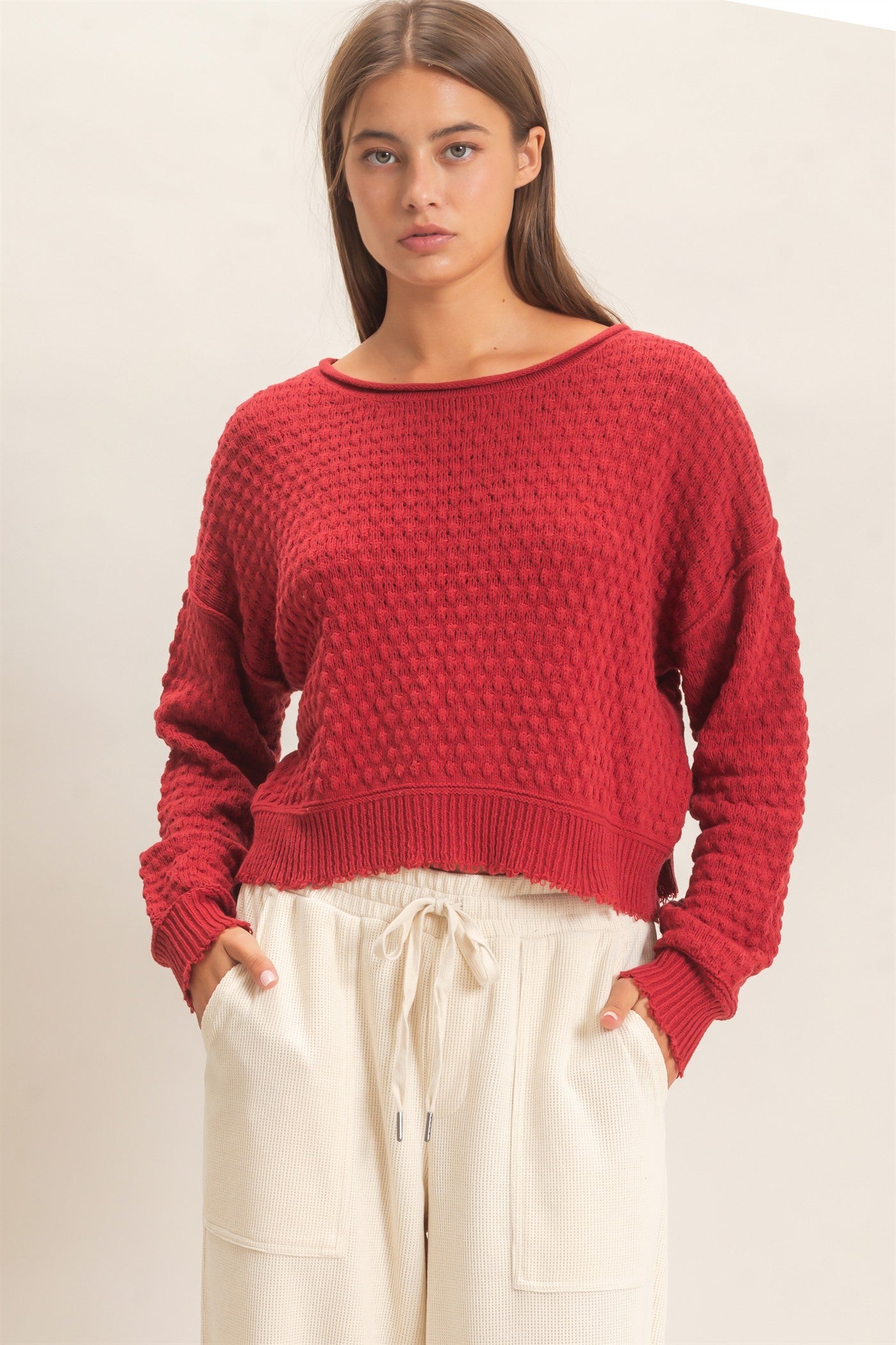 Wholesale Textured Boat Neck Sweater Sweaters DZ26E880 DARK RED DOUBLE ZERO