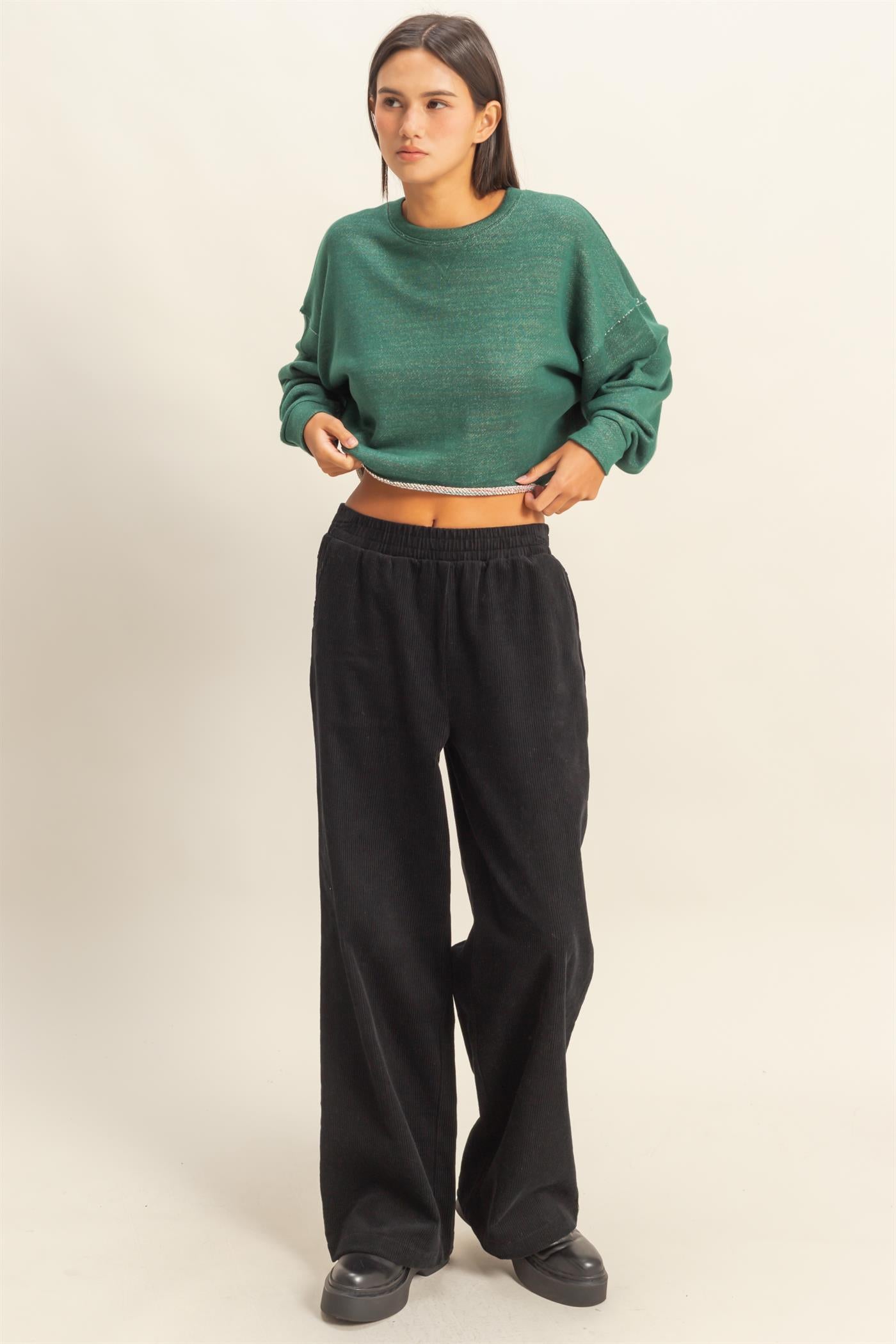 Wholesale Drop-Shoulder Cropped Top Clothing Tops DZ22G906 HUNTER GREEN DOUBLE ZERO