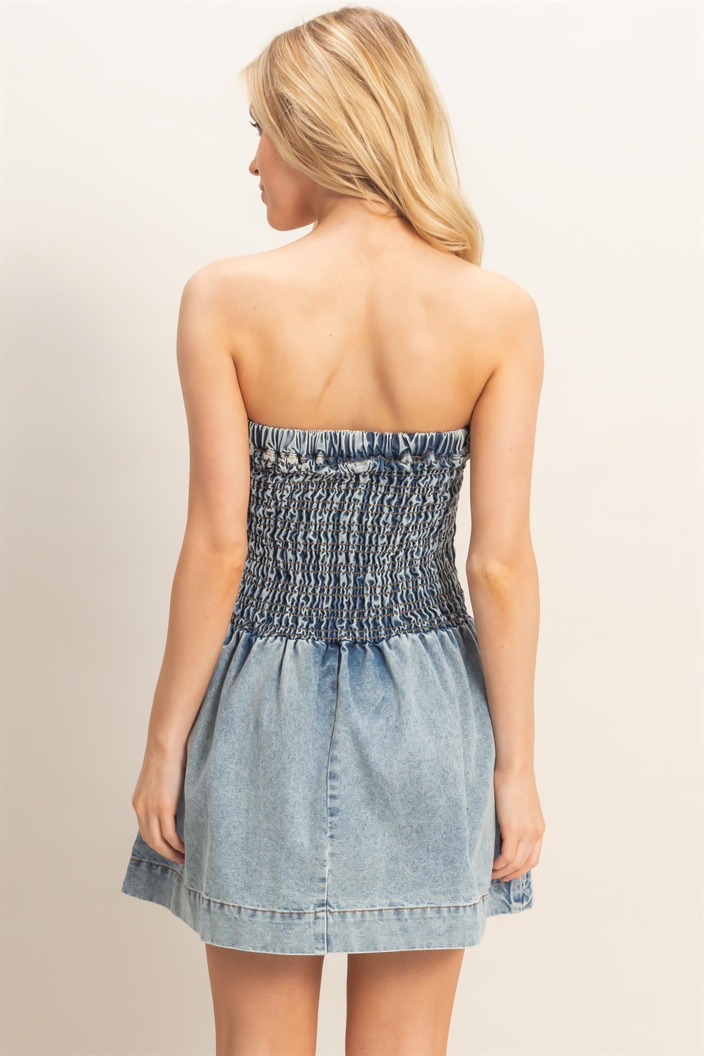 Wholesale Strapless Snow-Wash Dress Dresses HF26A491 LIGHT BLUE HYFVE