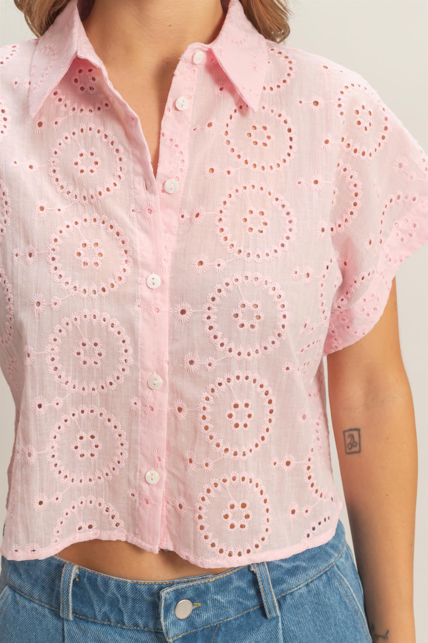Wholesale Eyelet Cropped Button-Up Shirt Clothing Tops HF26C297 L.PINK HYFVE