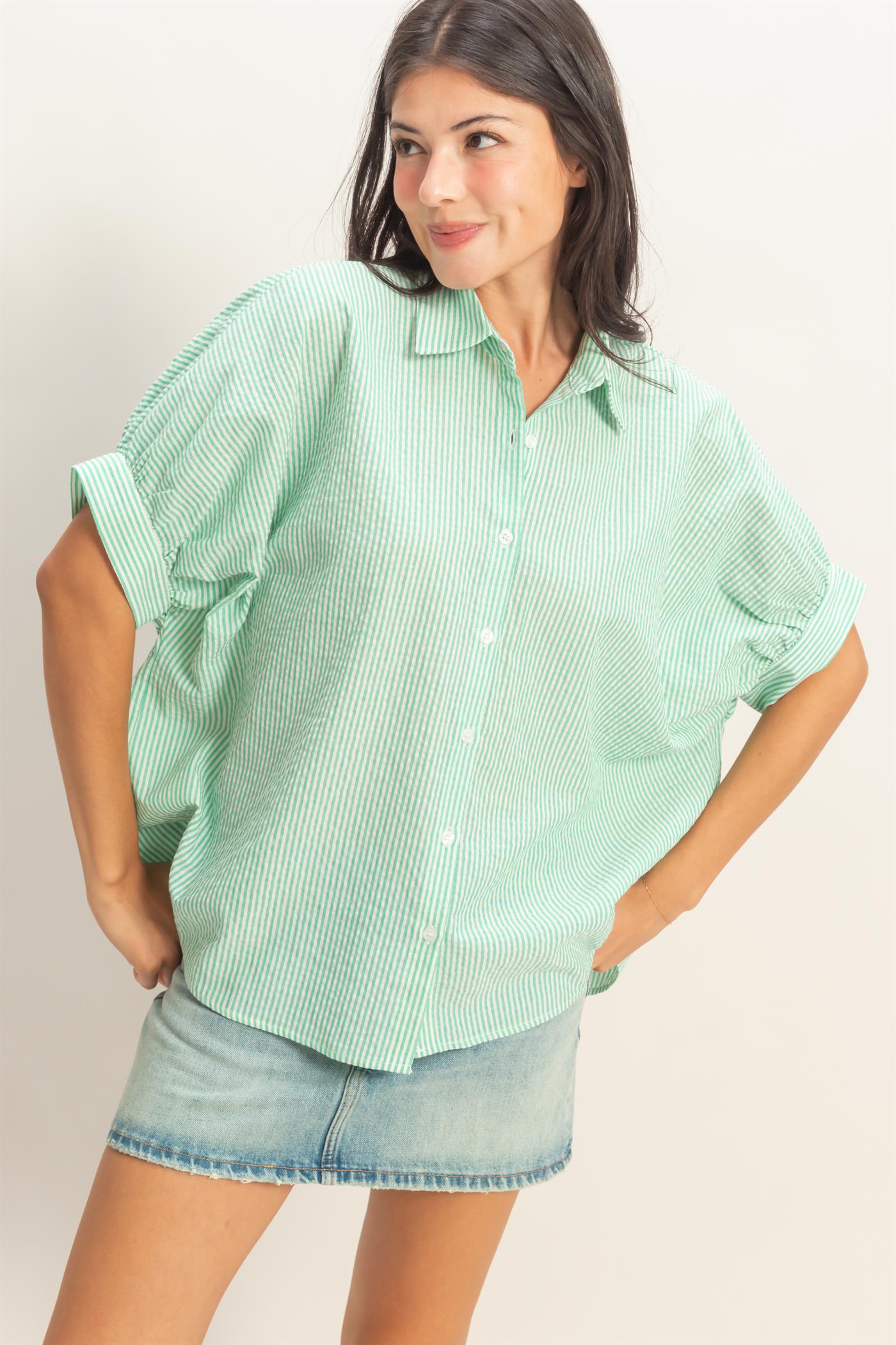 Wholesale Striped Short Sleeve Button-Front Blouse T-Shirts DZ26C276 GREEN DOUBLE ZERO