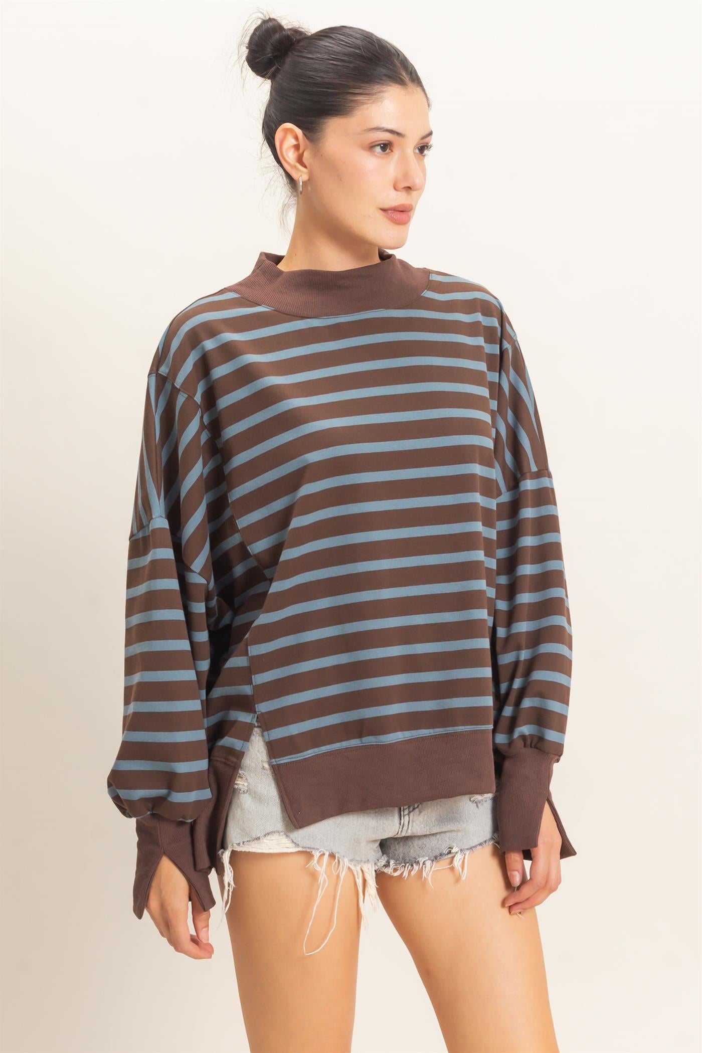 Wholesale Striped Mock Neck Sweatshirt Sweatshirts HF27A178-D BROWN/D.BLUE HYFVE