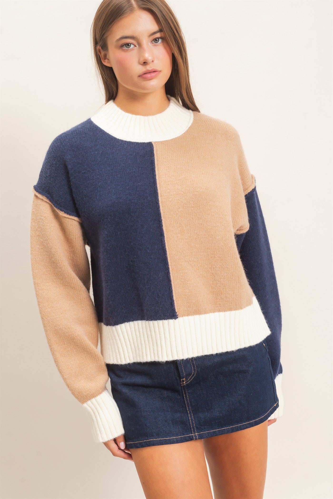 Wholesale Color Block Mock Neck Sweater Sweaters DZ27A211 NAVY DOUBLE ZERO