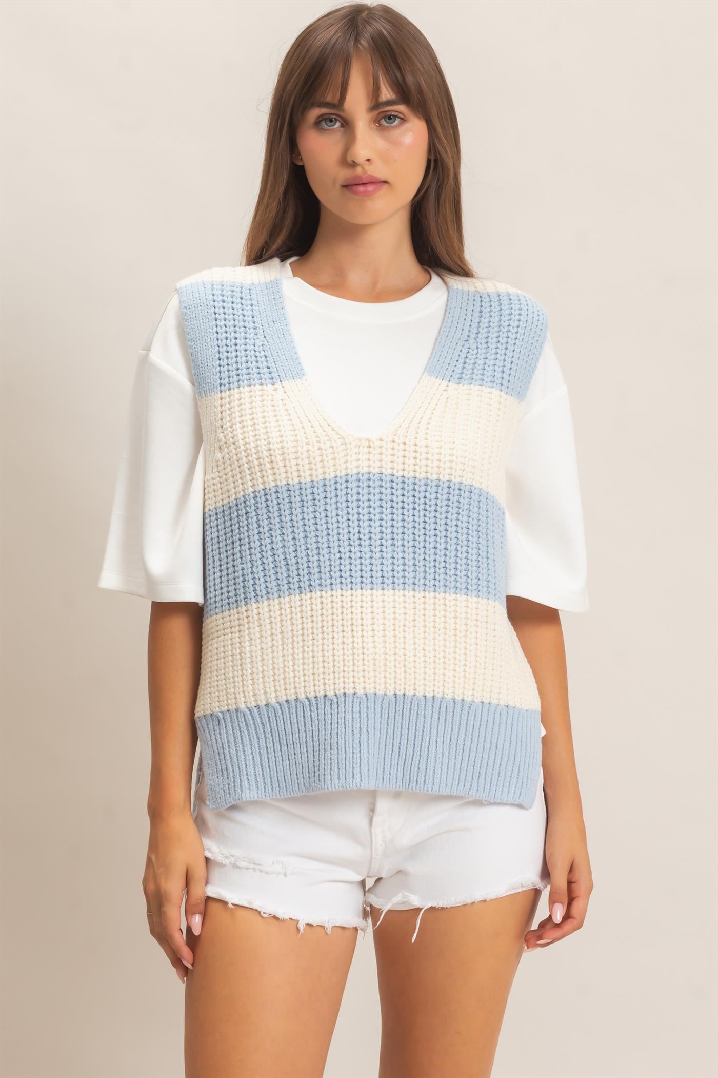 Wholesale V-Neck Striped Sweater Vest Sweaters HF26E482-D BLUE HYFVE