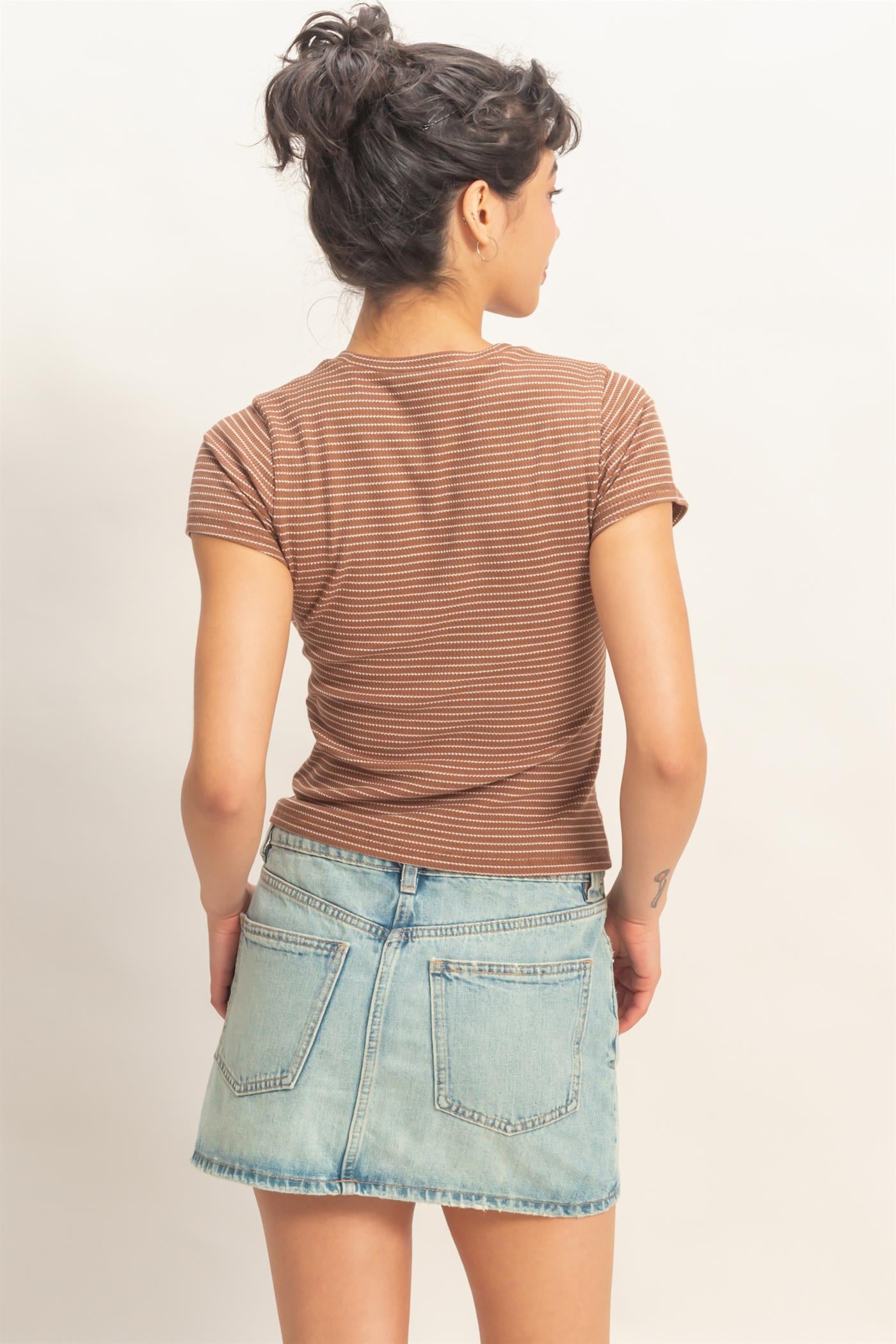 Wholesale Striped Ribbed Crew Neck Top Clothing Tops DZ26C281 BROWN DOUBLE ZERO