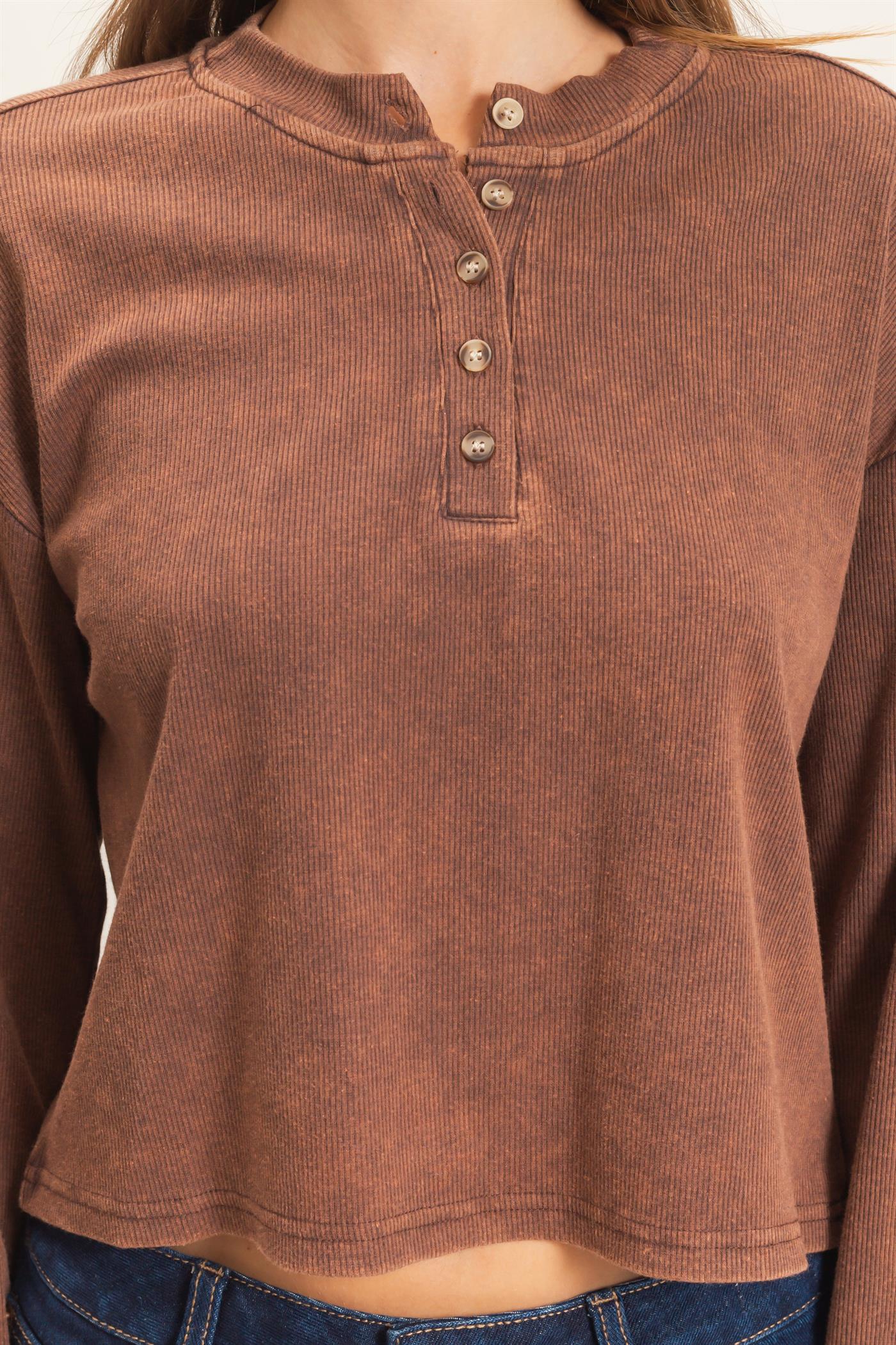 Wholesale Buttoned Henley Top Clothing Tops HF26F081 BROWN HYFVE