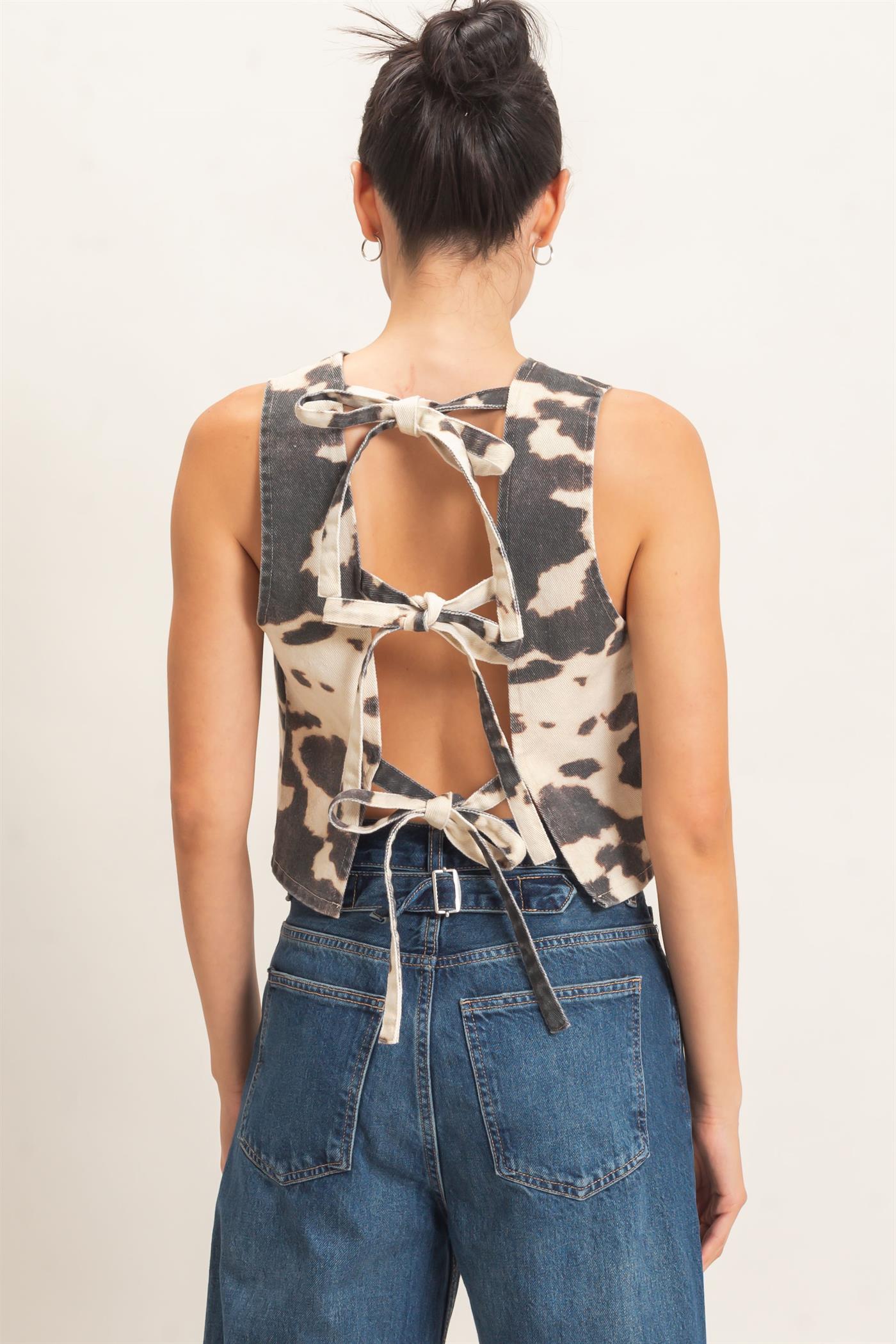 Wholesale Sleeveless Cow Print Top Clothing Tops HF26E495 BLACK HYFVE