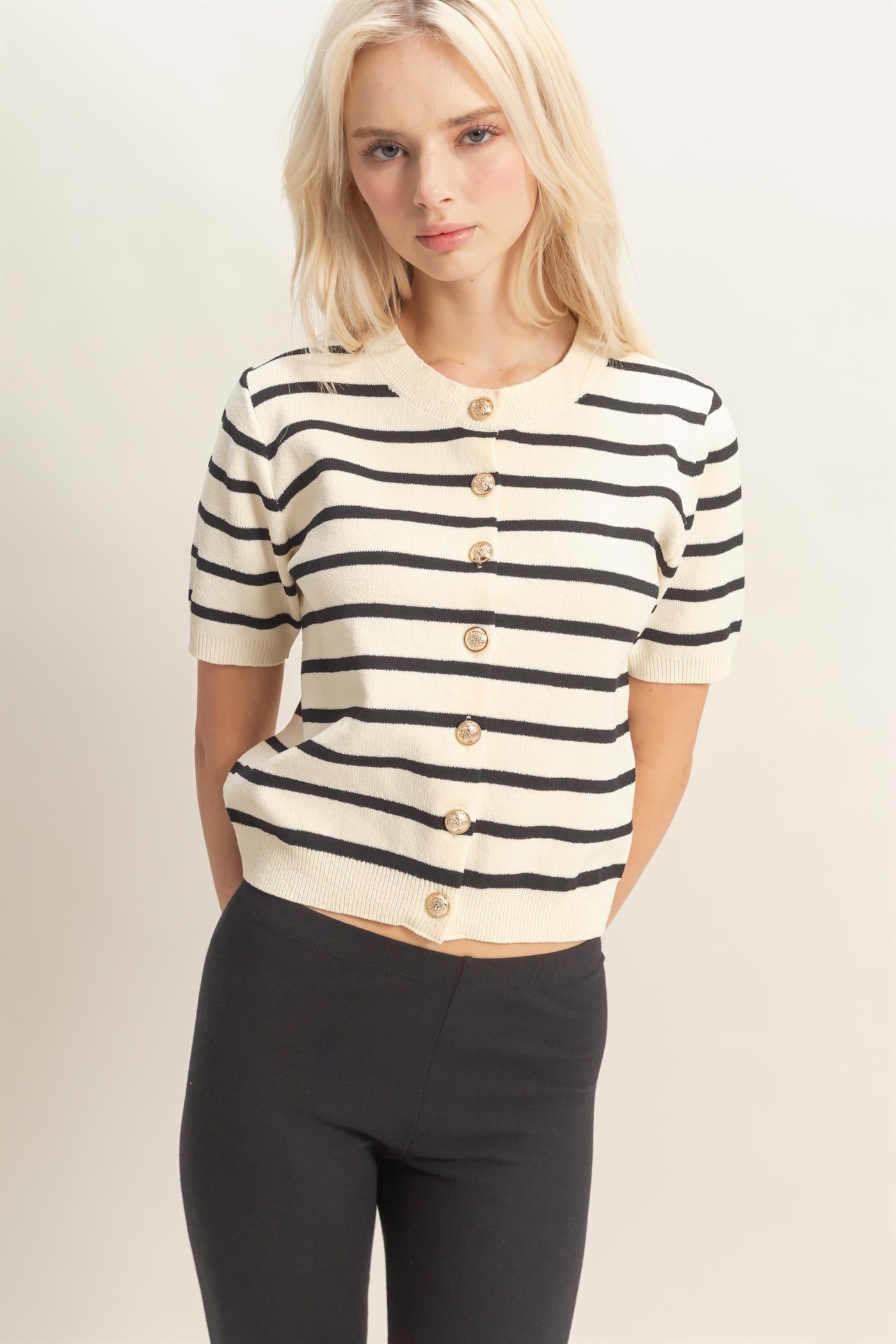 Wholesale Striped Short Sleeve Button Up Cardigan Cardigans DZ26A604 BLACK DOUBLE ZERO