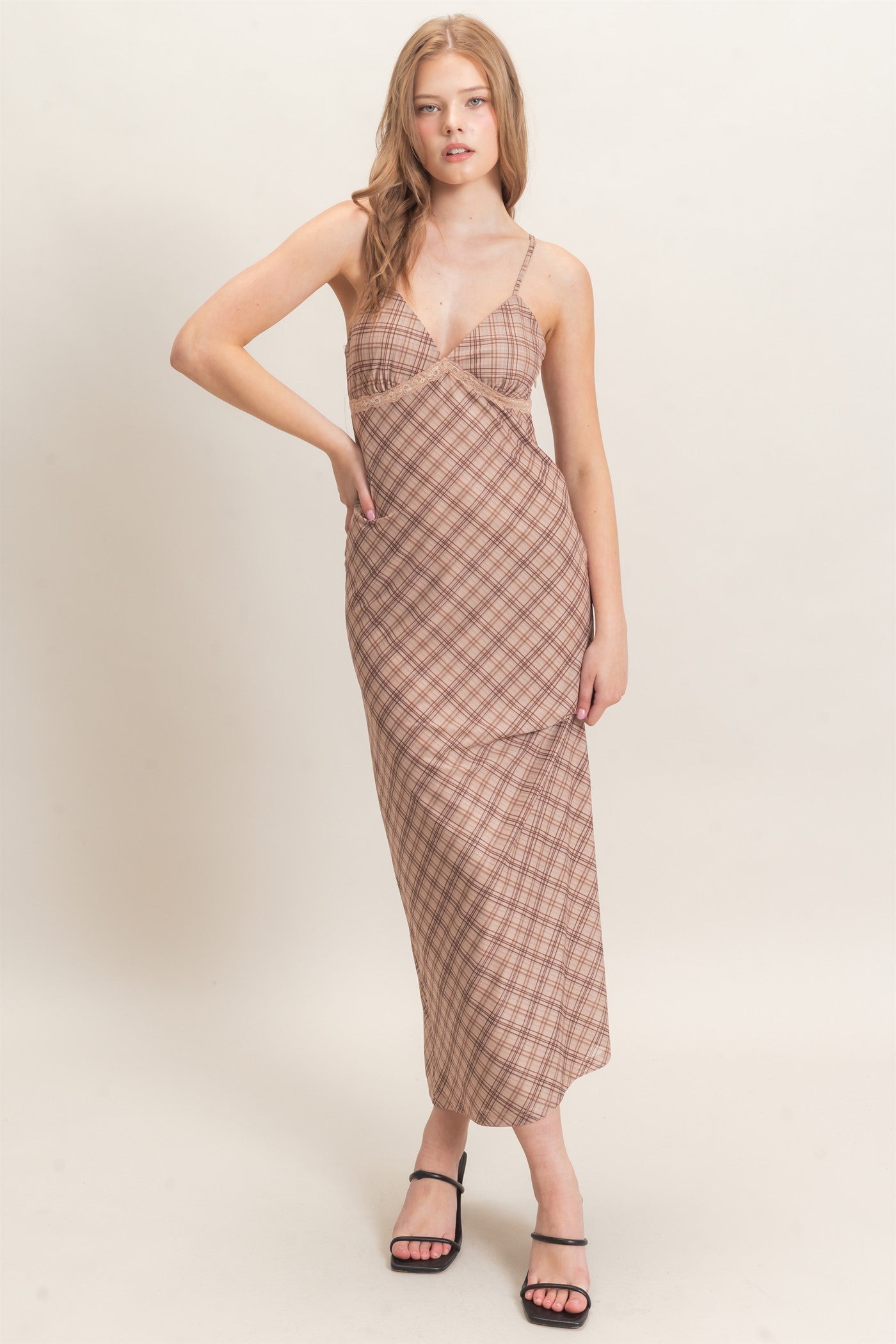 Wholesale Plaid Spaghetti Strap Midi Dress Dresses HF26E709 BEIGE HYFVE