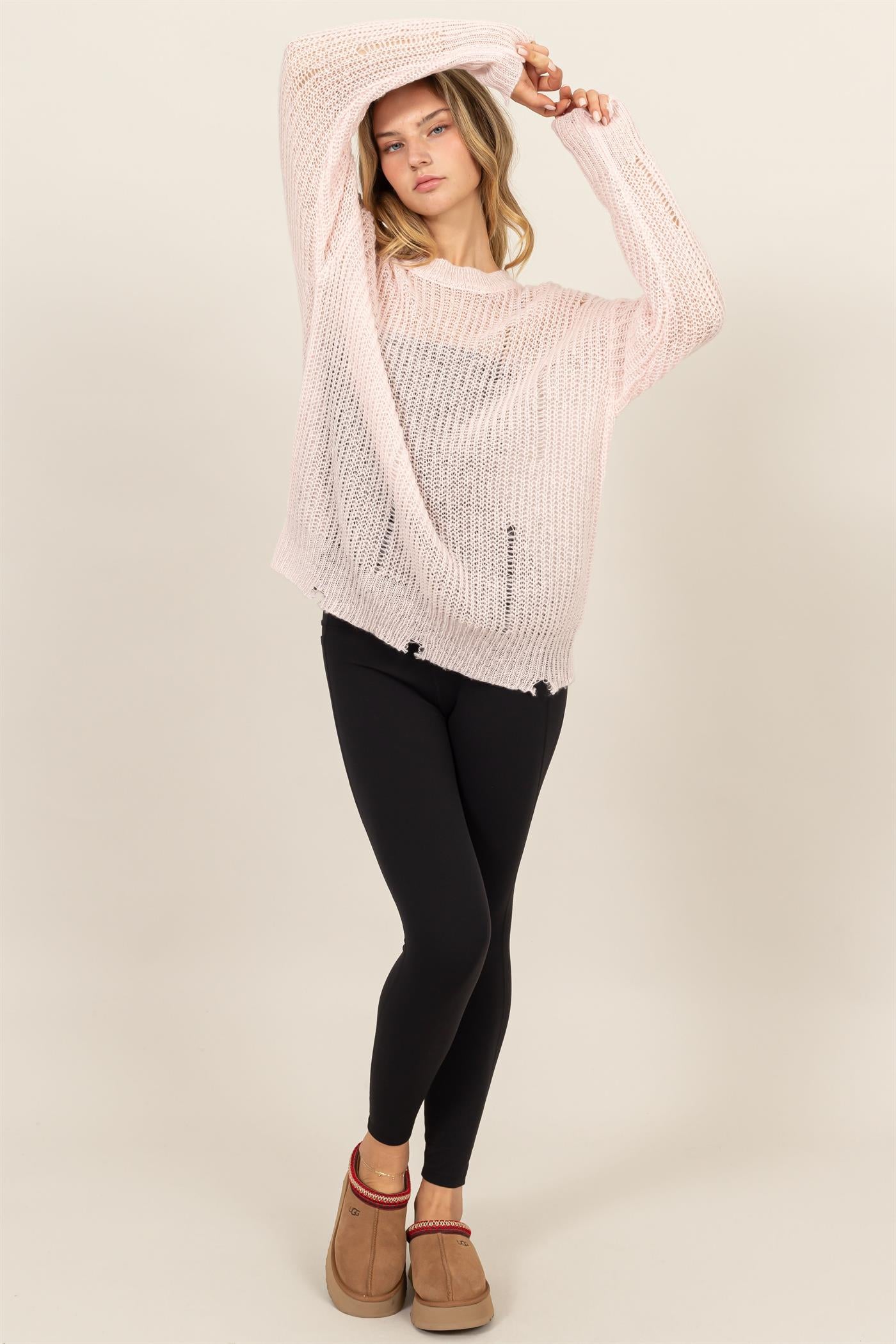 Wholesale Distressed Knit Sweater Sweaters DZ23F192 PALE PINK DOUBLE ZERO