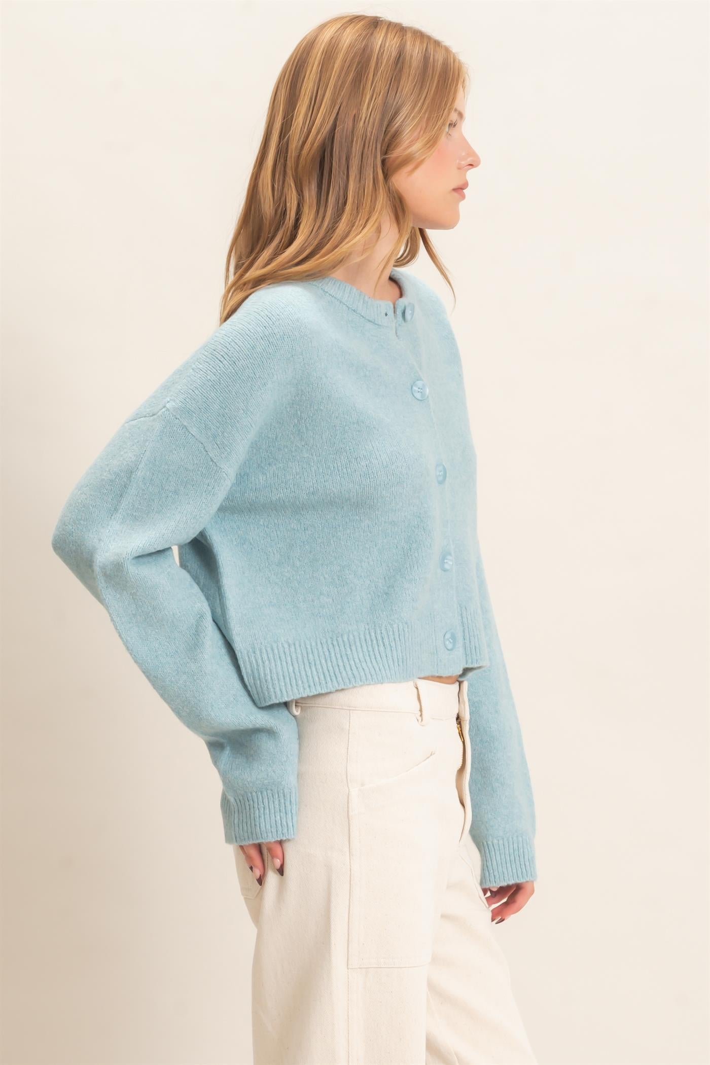 Wholesale Crew Neck Cardigan Sweater Cardigans HF26E226-D LIGHT BLUE HYFVE
