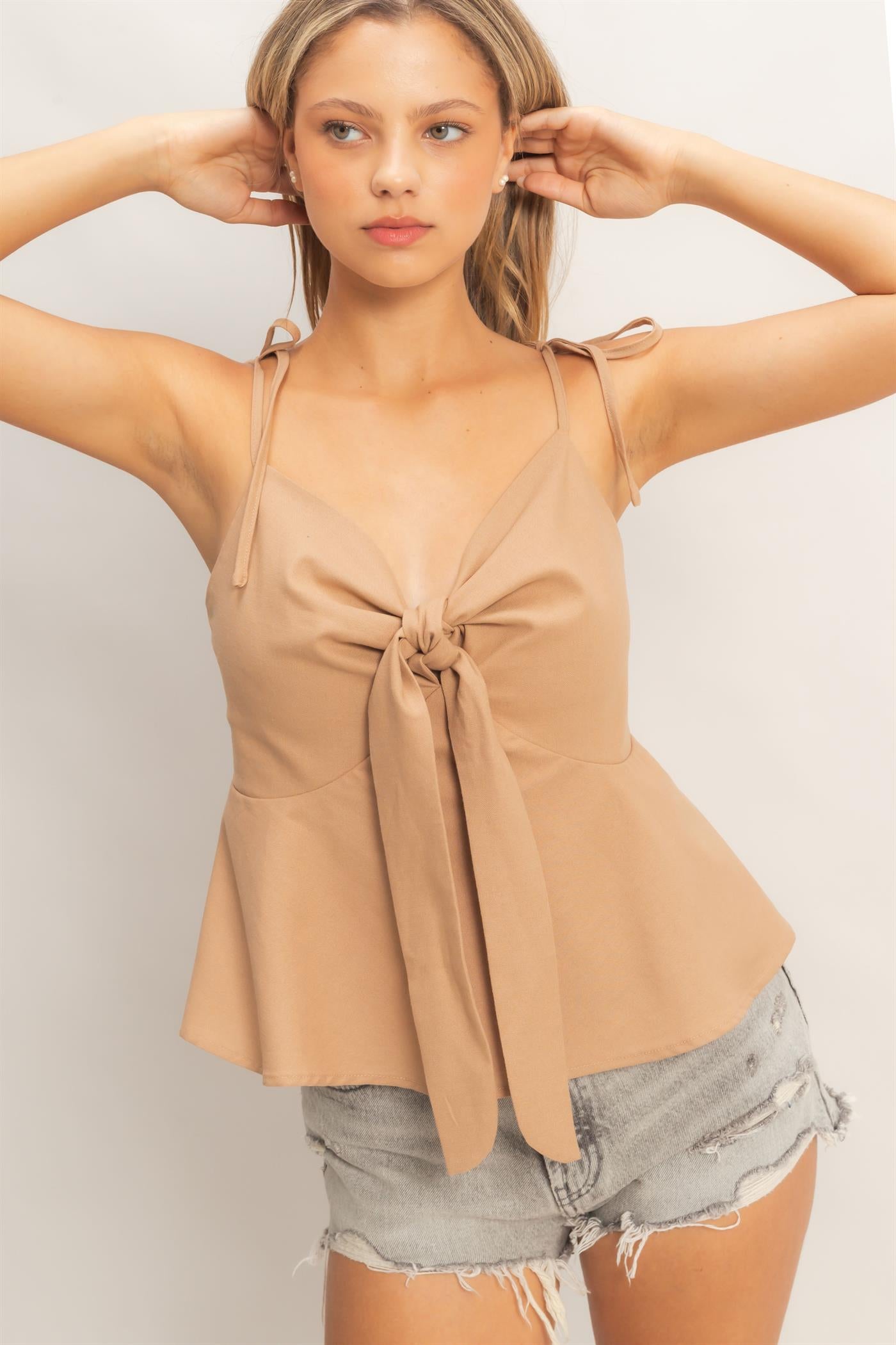 Wholesale Tie Front Spaghetti Strap Top Clothing Tops HF26A339 DARK TAUPE HYFVE