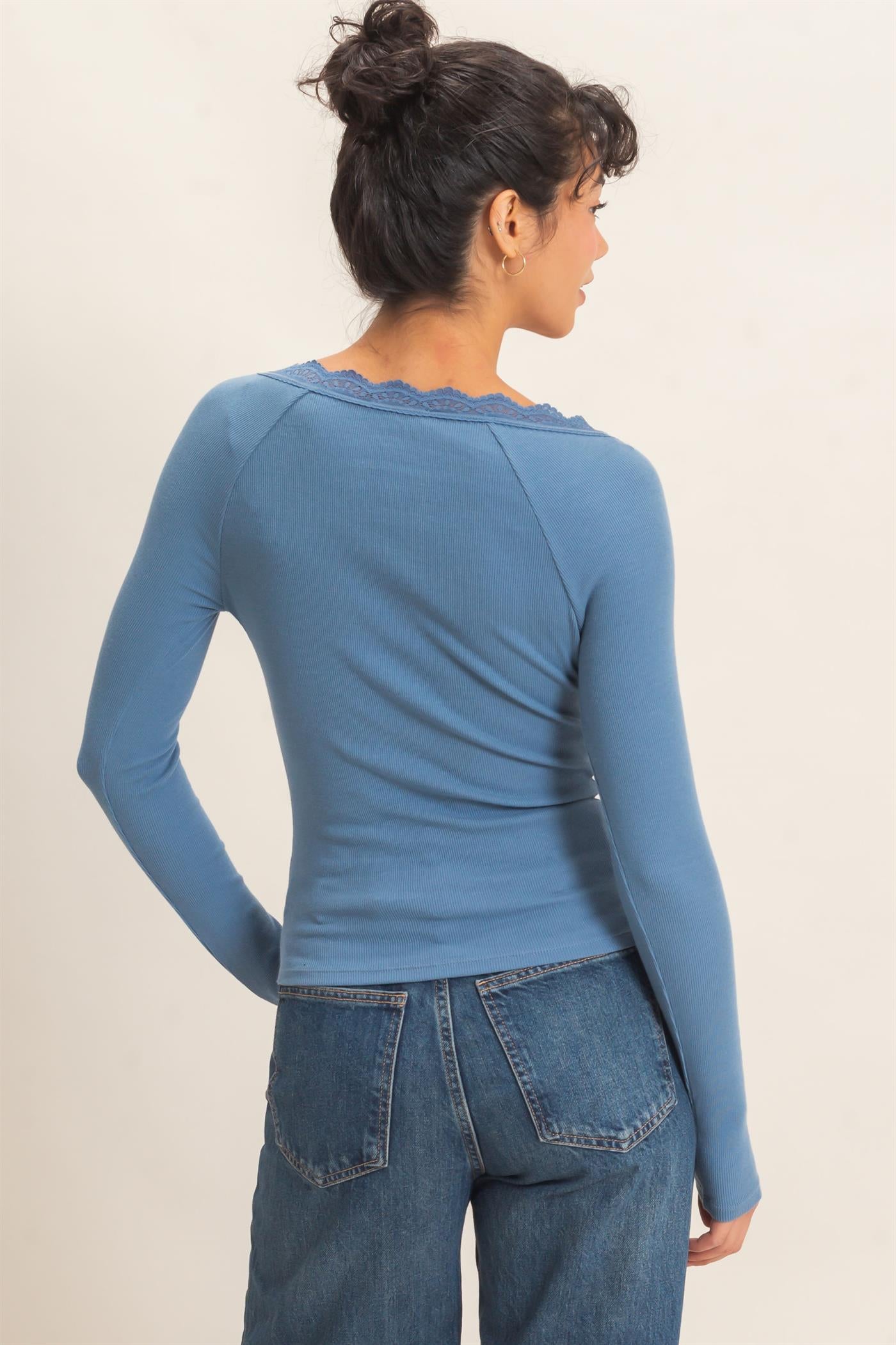 Wholesale Lace-Trim Henley Top Clothing Tops DZ26E325 DUSTY BLUE DOUBLE ZERO