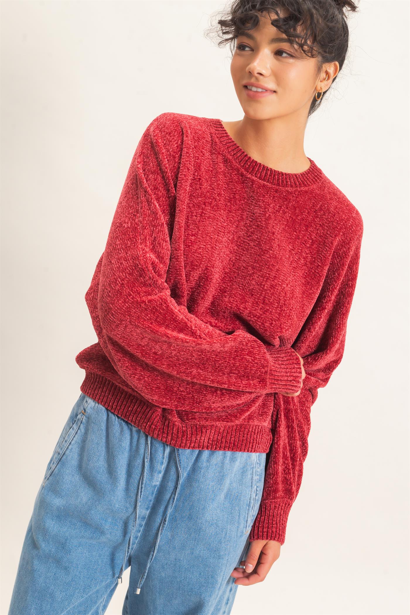 Wholesale Chenille Crew Neck Sweater Sweaters DZ26E264 DARK RED DOUBLE ZERO