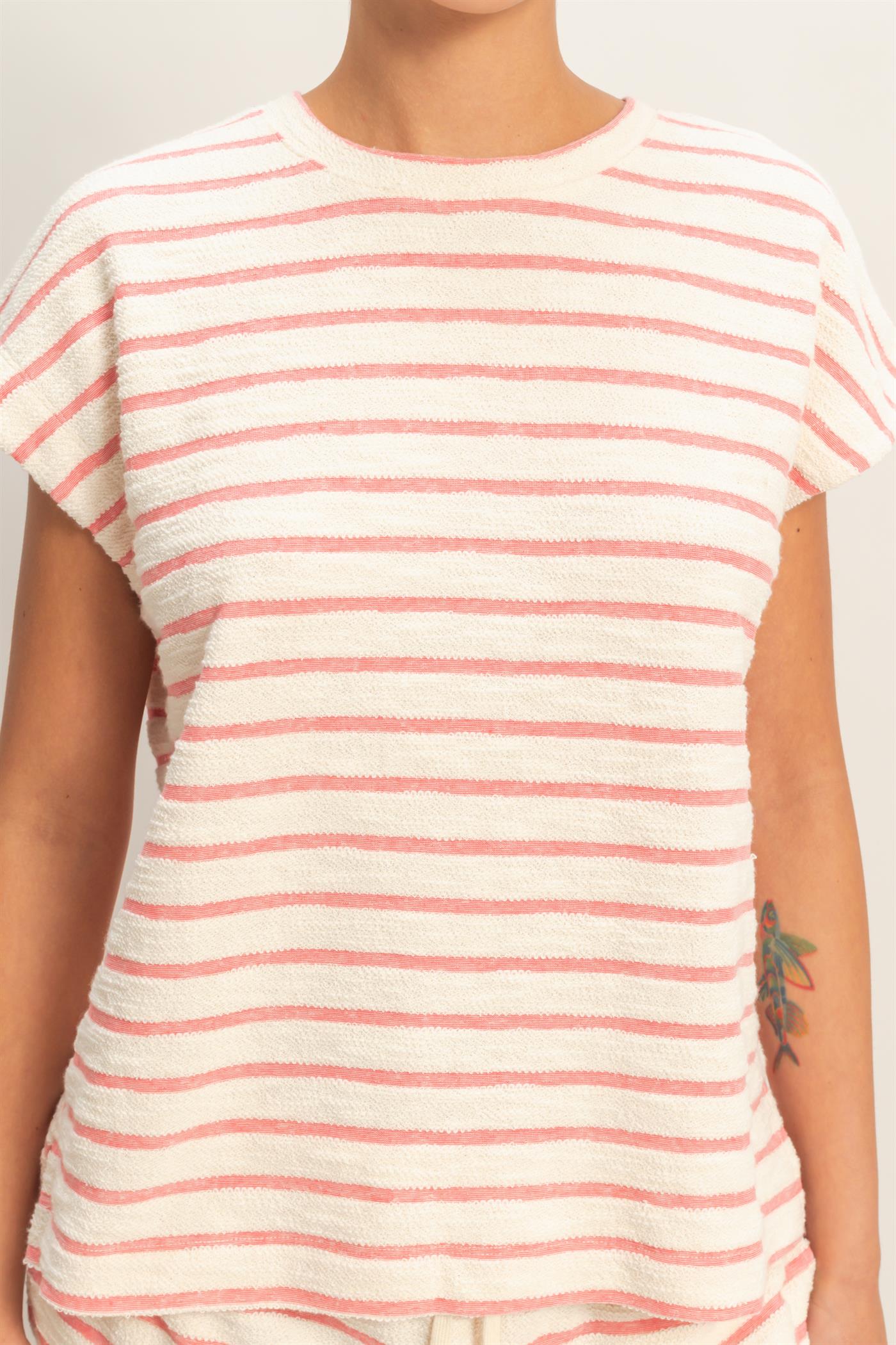 Wholesale Striped Round Neck Short Sleeve Top Clothing Tops DZ26A754 RED DOUBLE ZERO