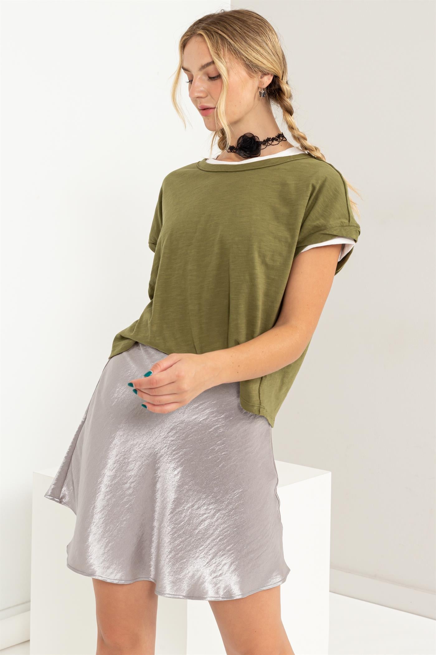Wholesale Raw Edge Detail Short Sleeve T Shirt Clothing Tops DZ24C244 MOSS DOUBLE ZERO