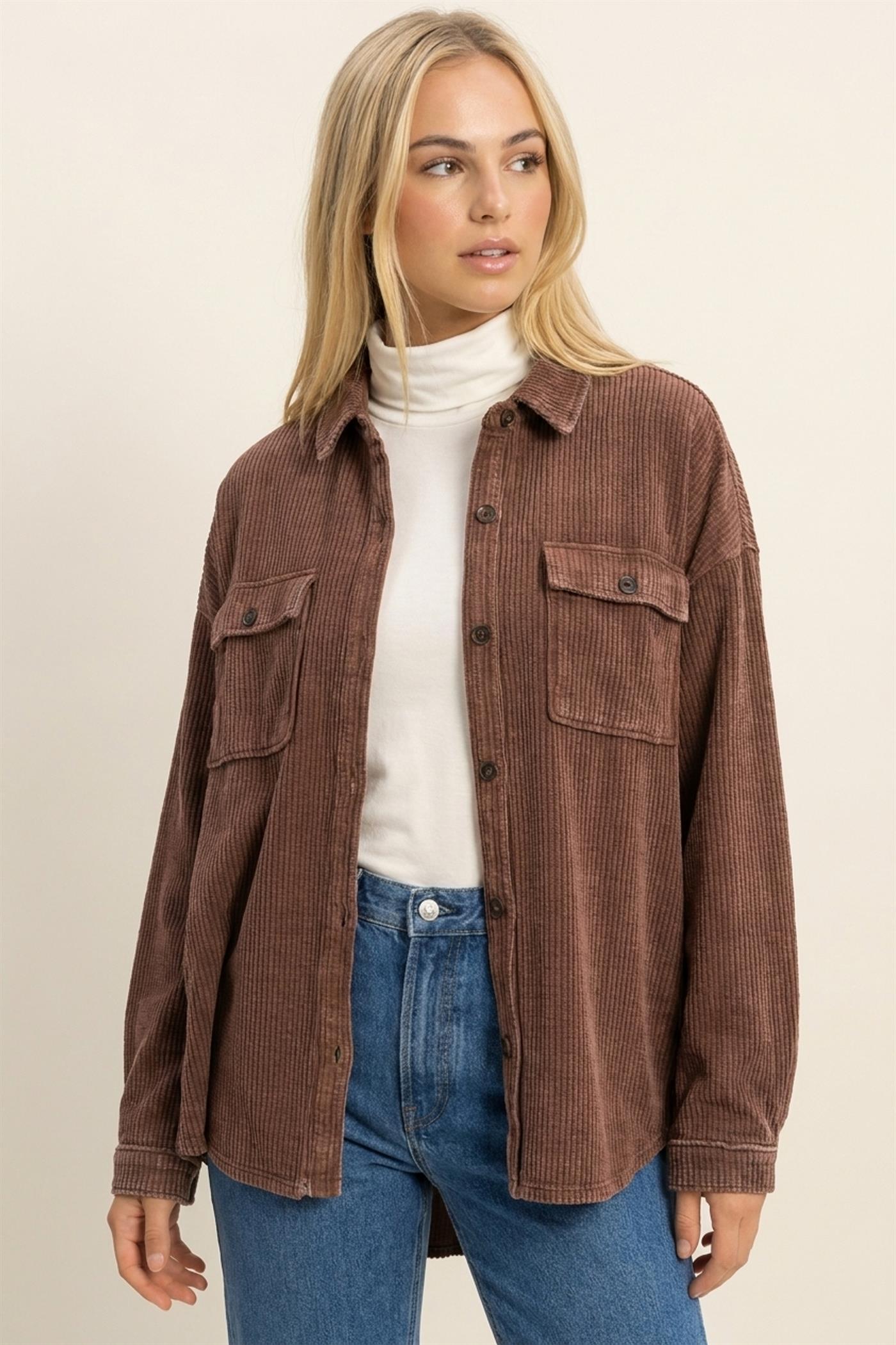 Wholesale Mineral Wash Waffle Knit Button-Up Shacket Coats & Jackets DZ26E249 DARK BROWN DOUBLE ZERO