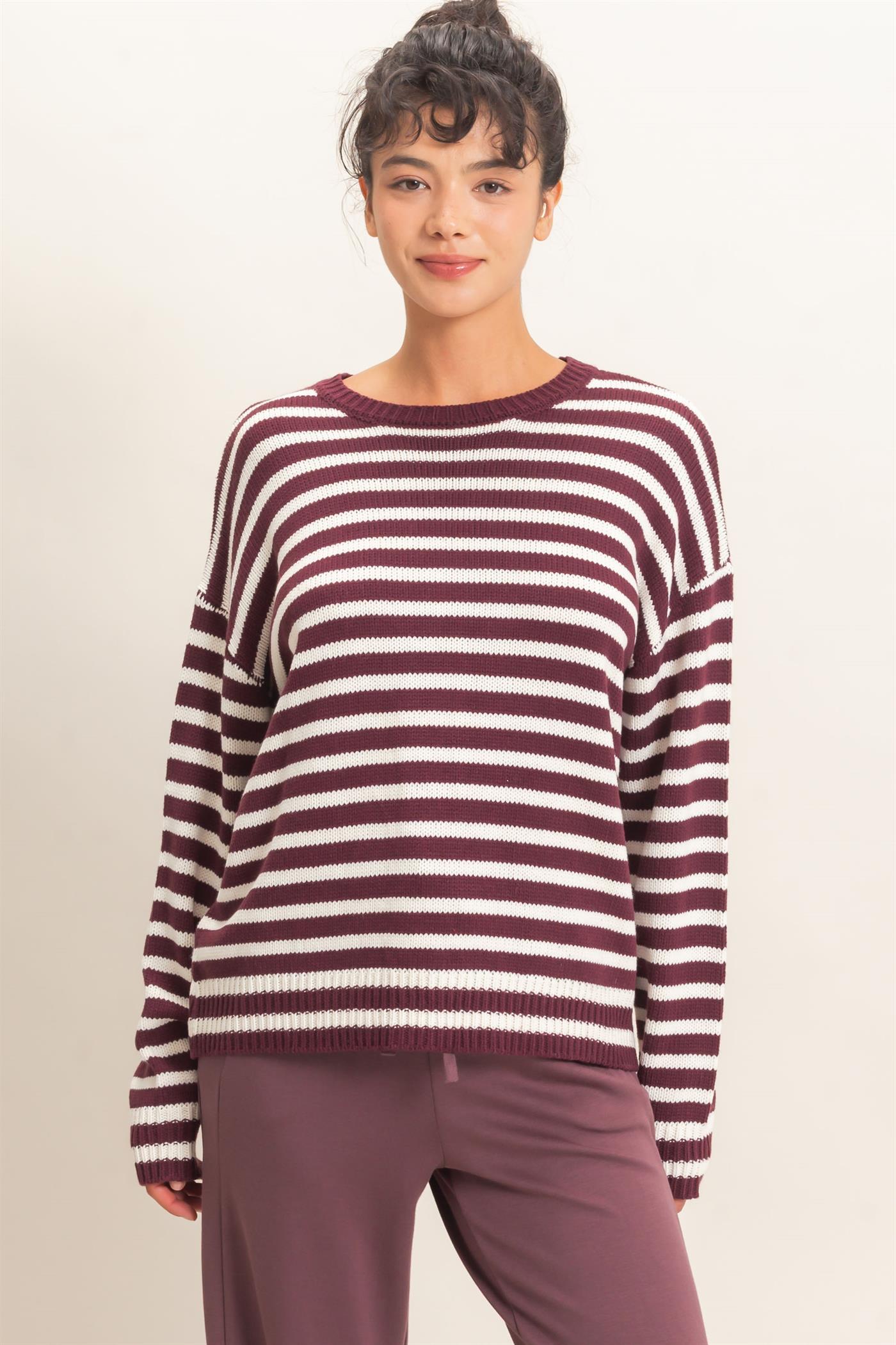 Wholesale Striped Crew Neck Sweater Sweaters DZ26E237 DARK CHERRY DOUBLE ZERO
