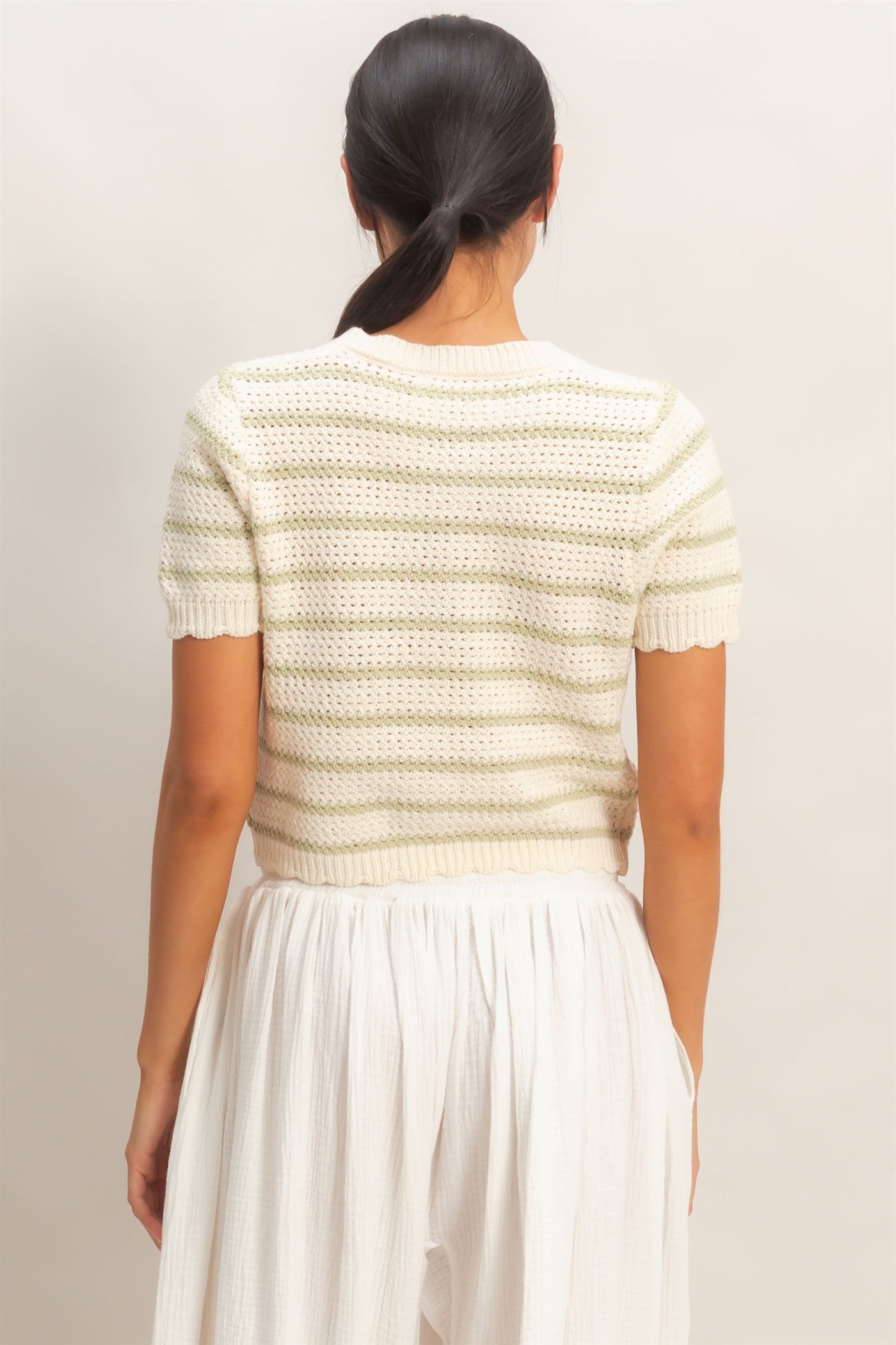 Wholesale Striped Short Sleeve Cardigan With Scallop Edge Cardigans DZ26A605 SAGE GREEN DOUBLE ZERO