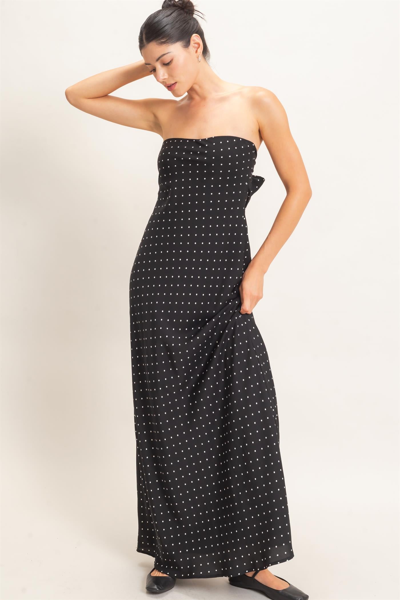Wholesale Strapless Polka Dot Maxi Dress Dresses HF26E845 BLACK HYFVE